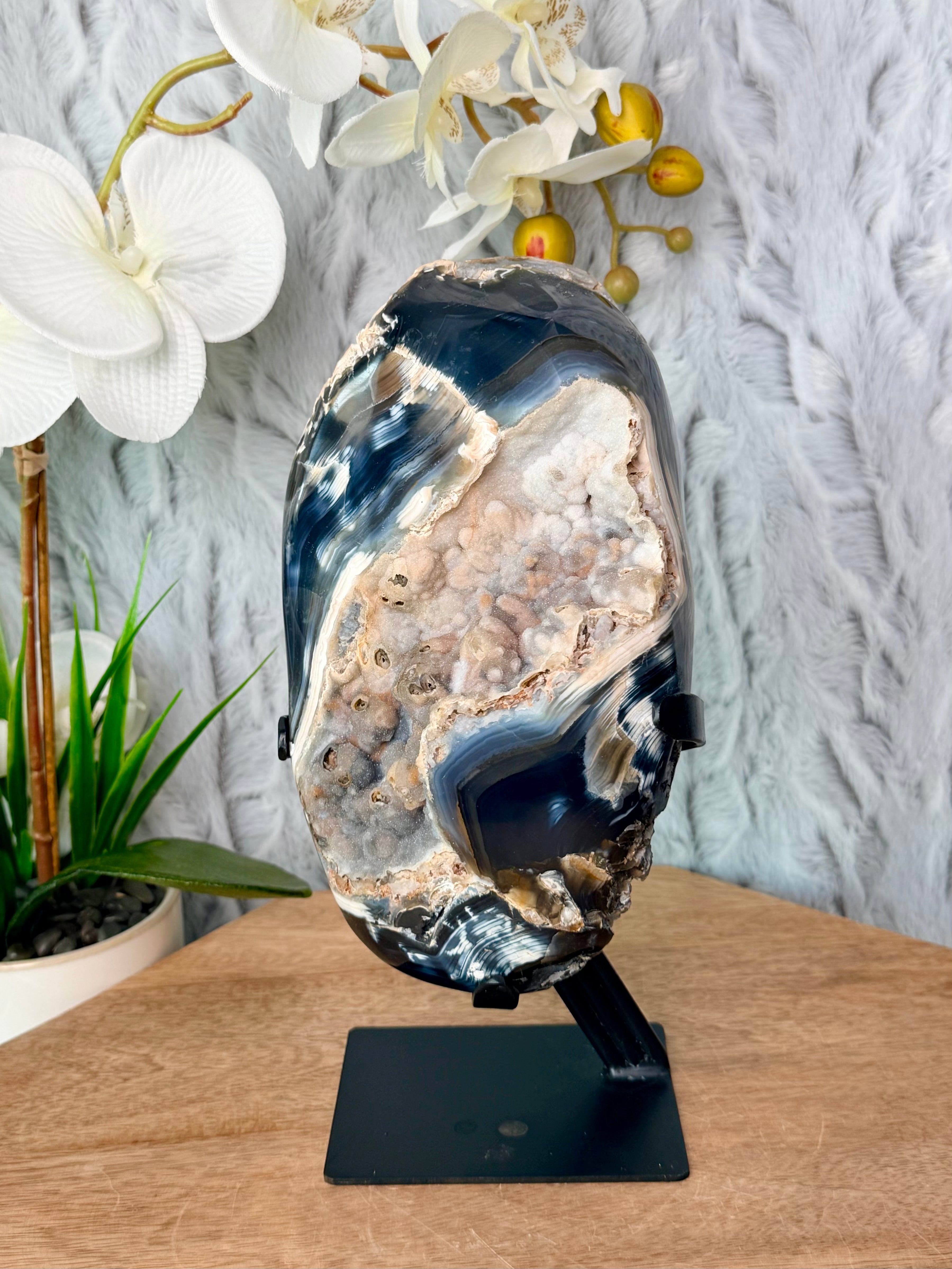 Blue Orca Agate Geode with Botryoidal Chalcedony
