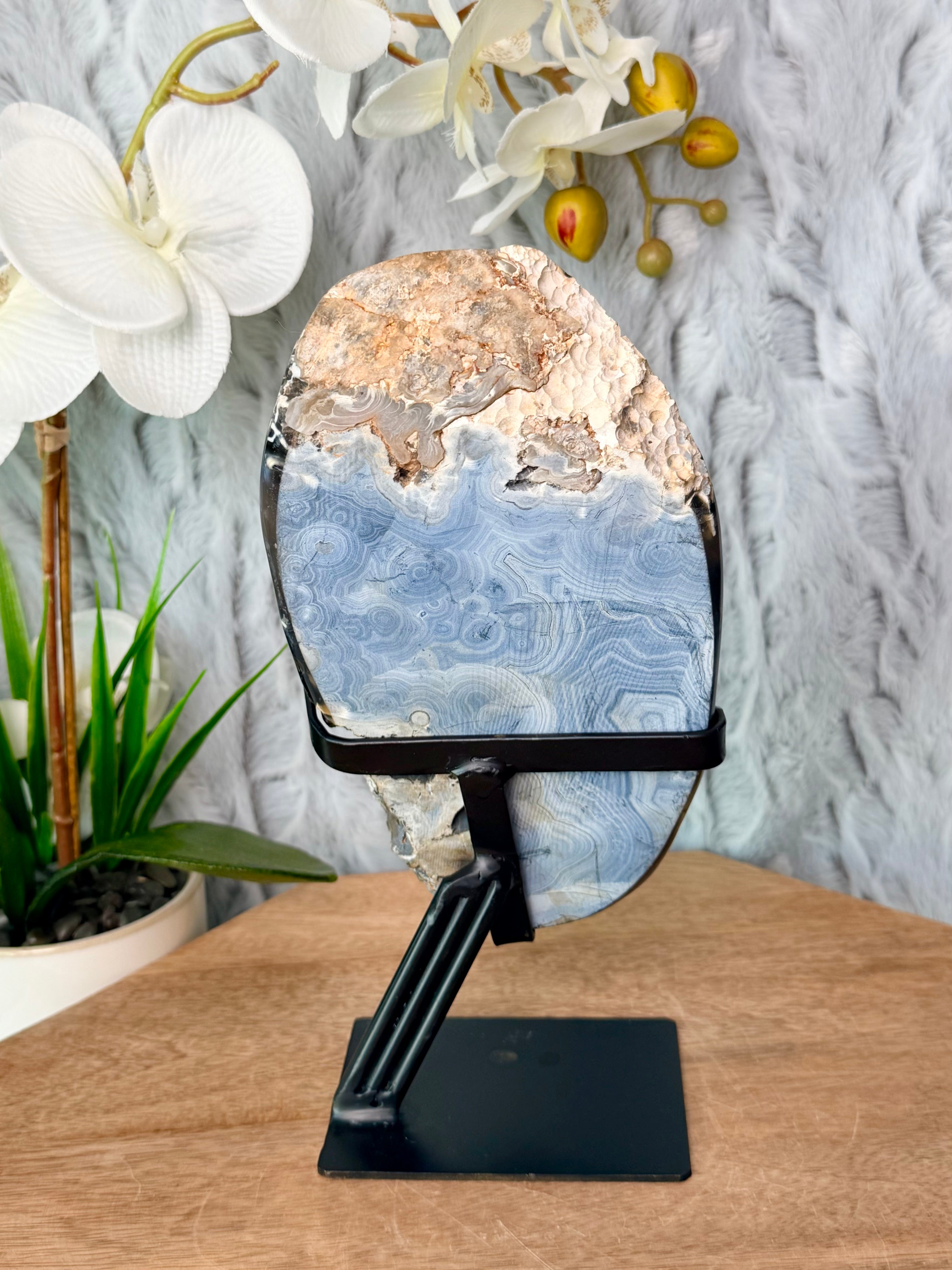 Blue Orca Agate Geode with Botryoidal Chalcedony