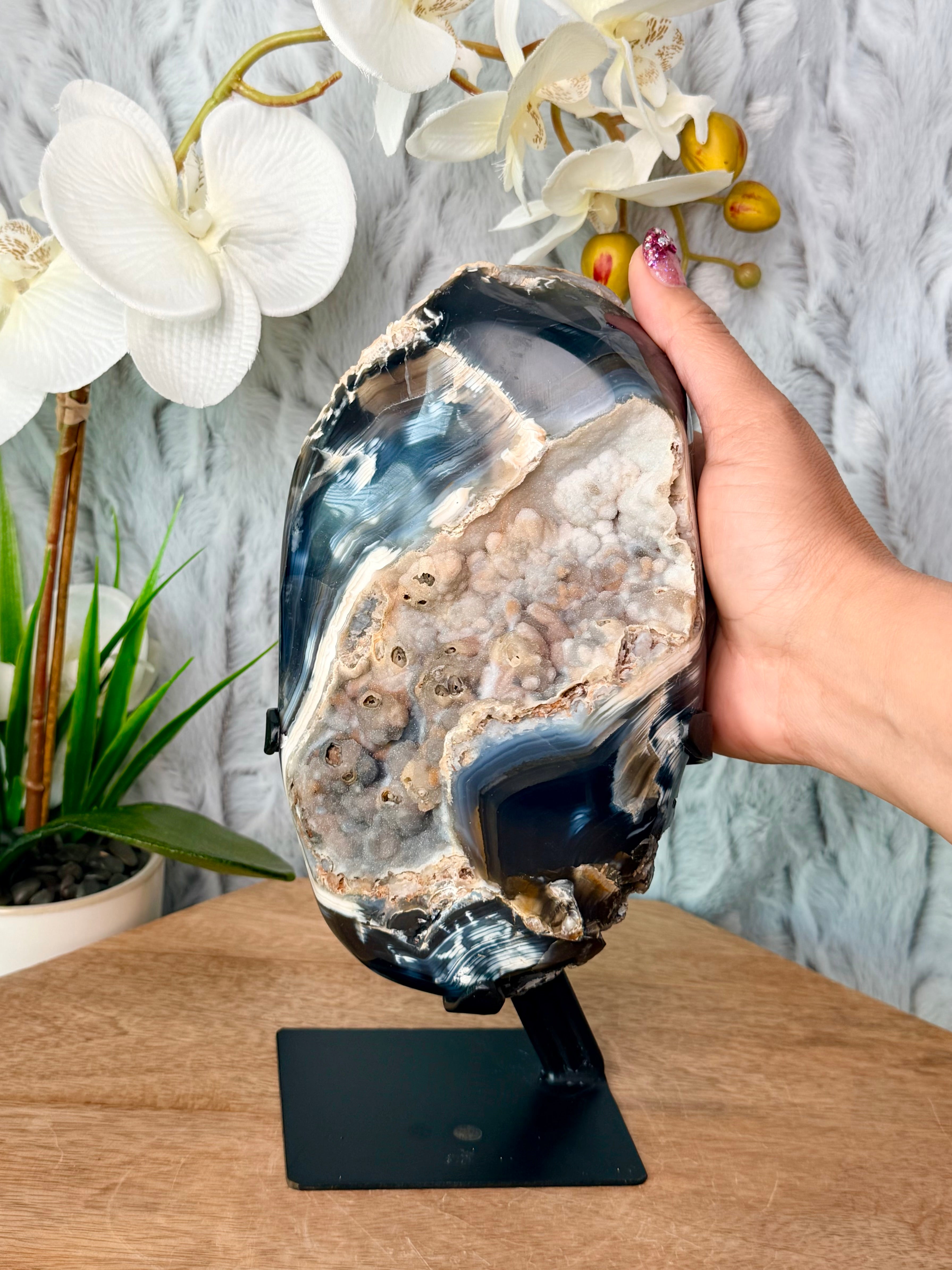 Blue Orca Agate Geode with Botryoidal Chalcedony