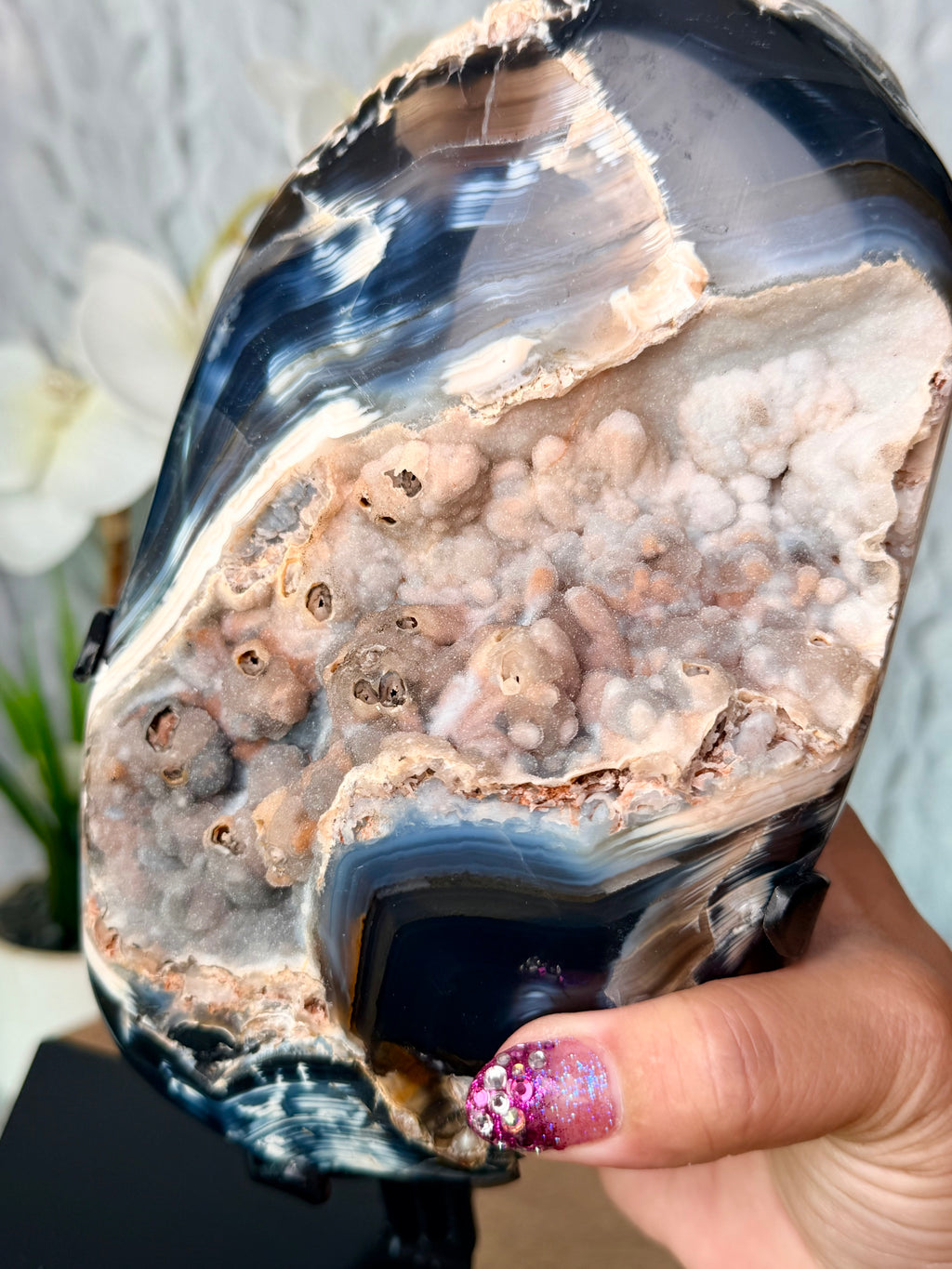 Blue Orca Agate Geode with Botryoidal Chalcedony