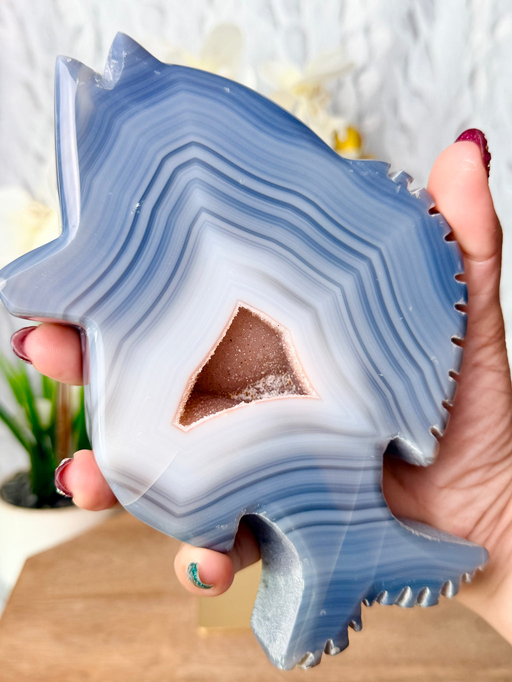 Agate Fish Carving with Rainbow Amethyst Druse