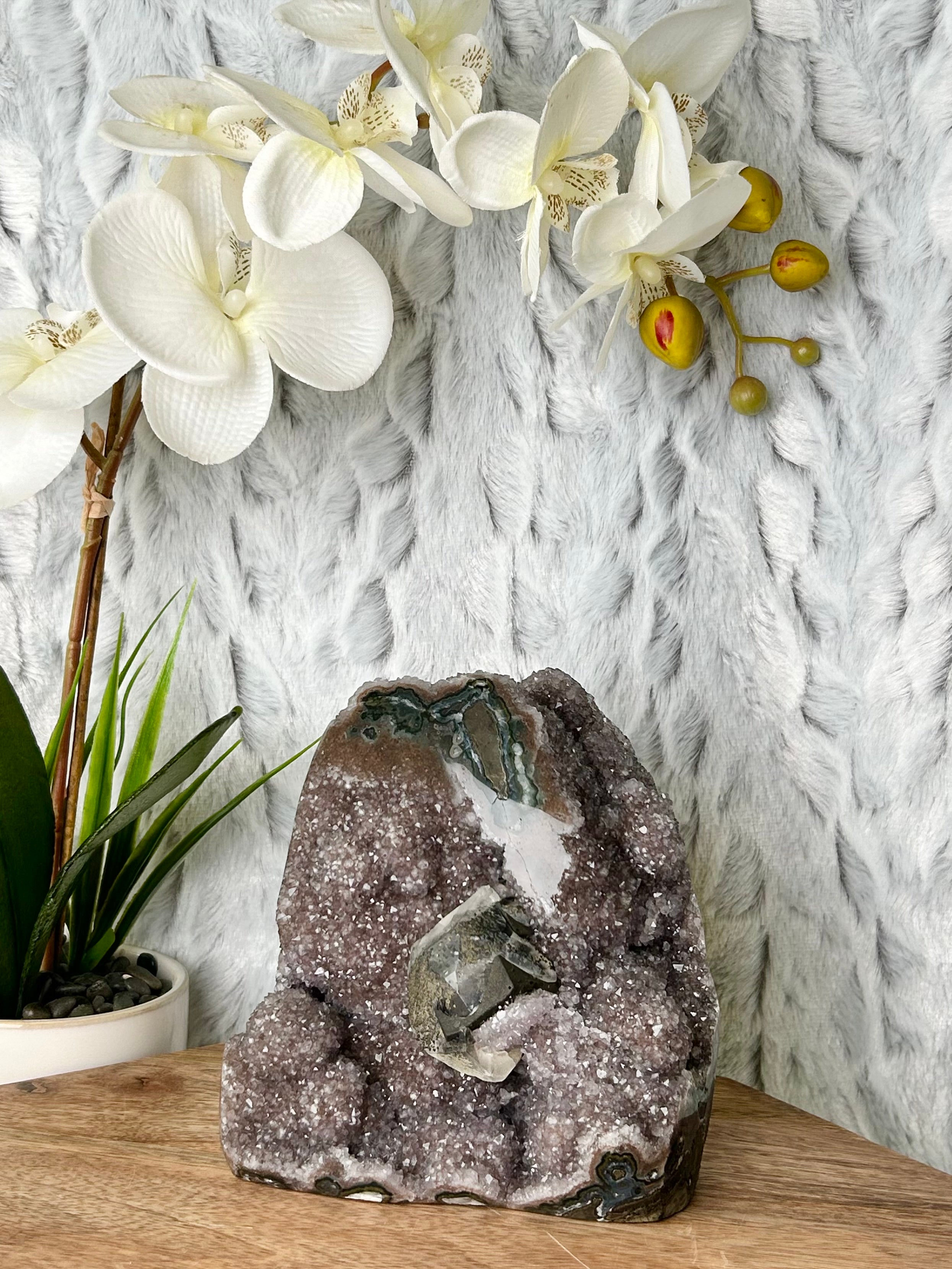 Large Rainbow Uruguayan Amethyst Cut base with Calcite