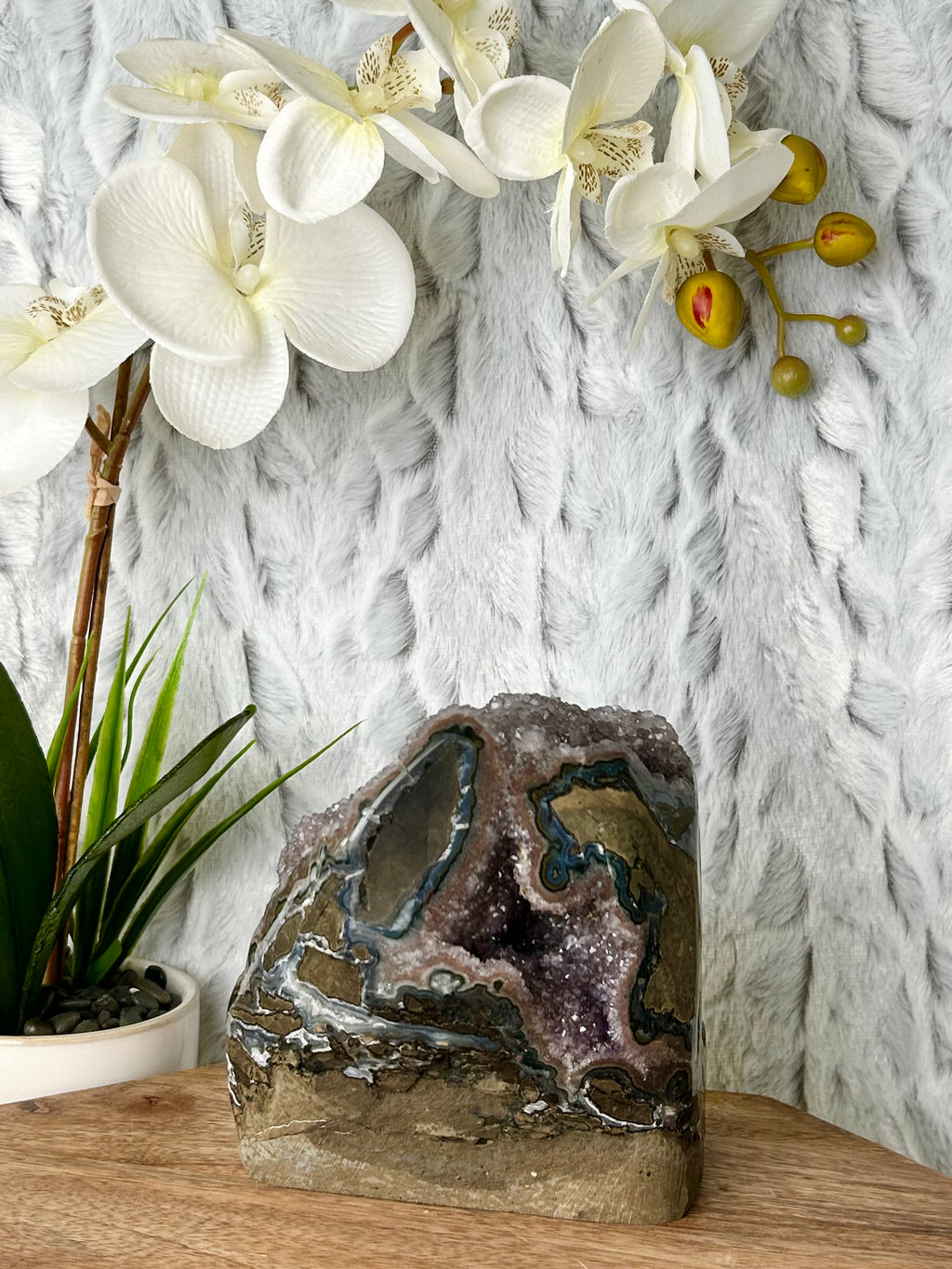 Large Rainbow Uruguayan Amethyst Cut base with Calcite