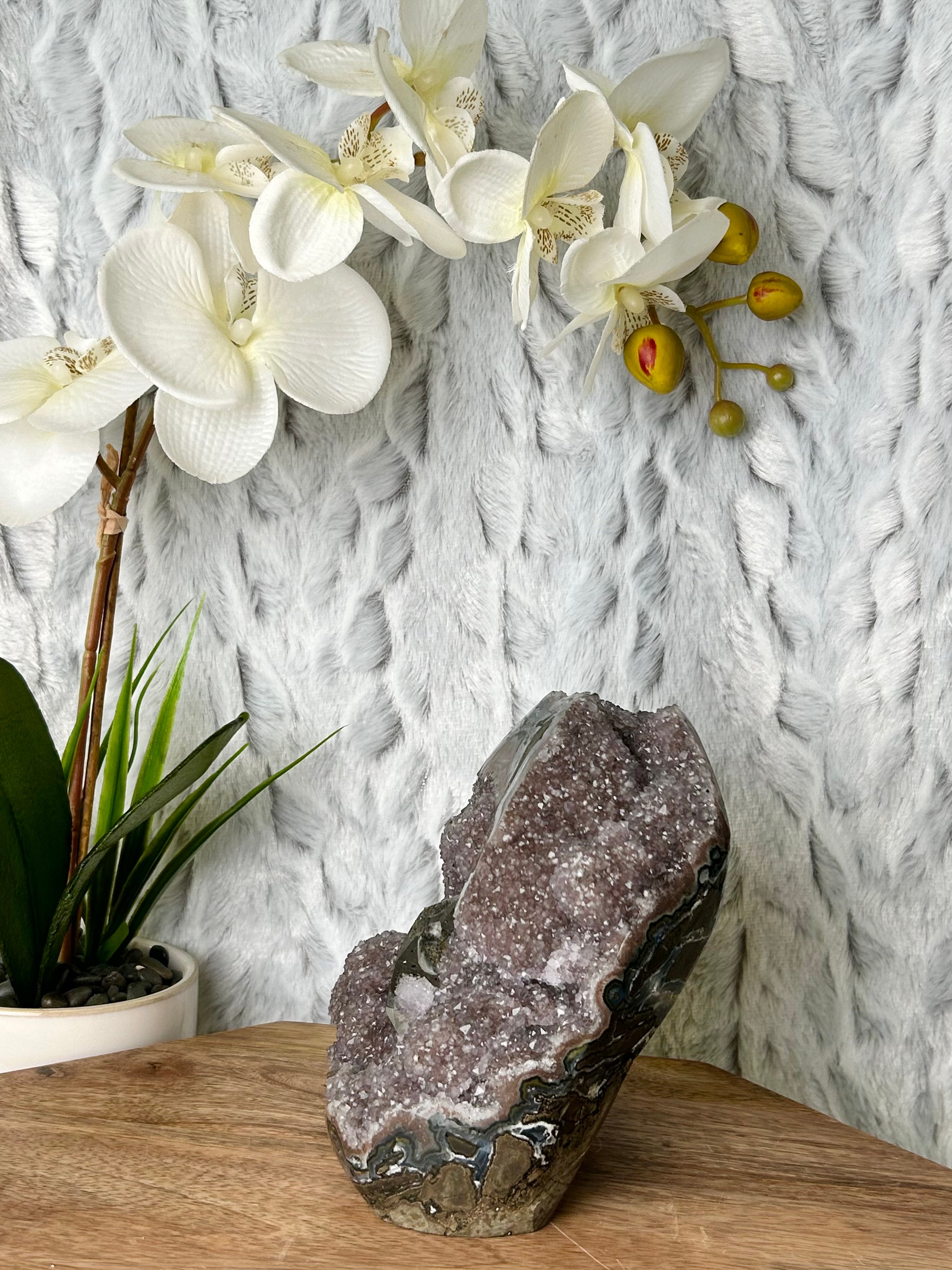 Large Rainbow Uruguayan Amethyst Cut base with Calcite