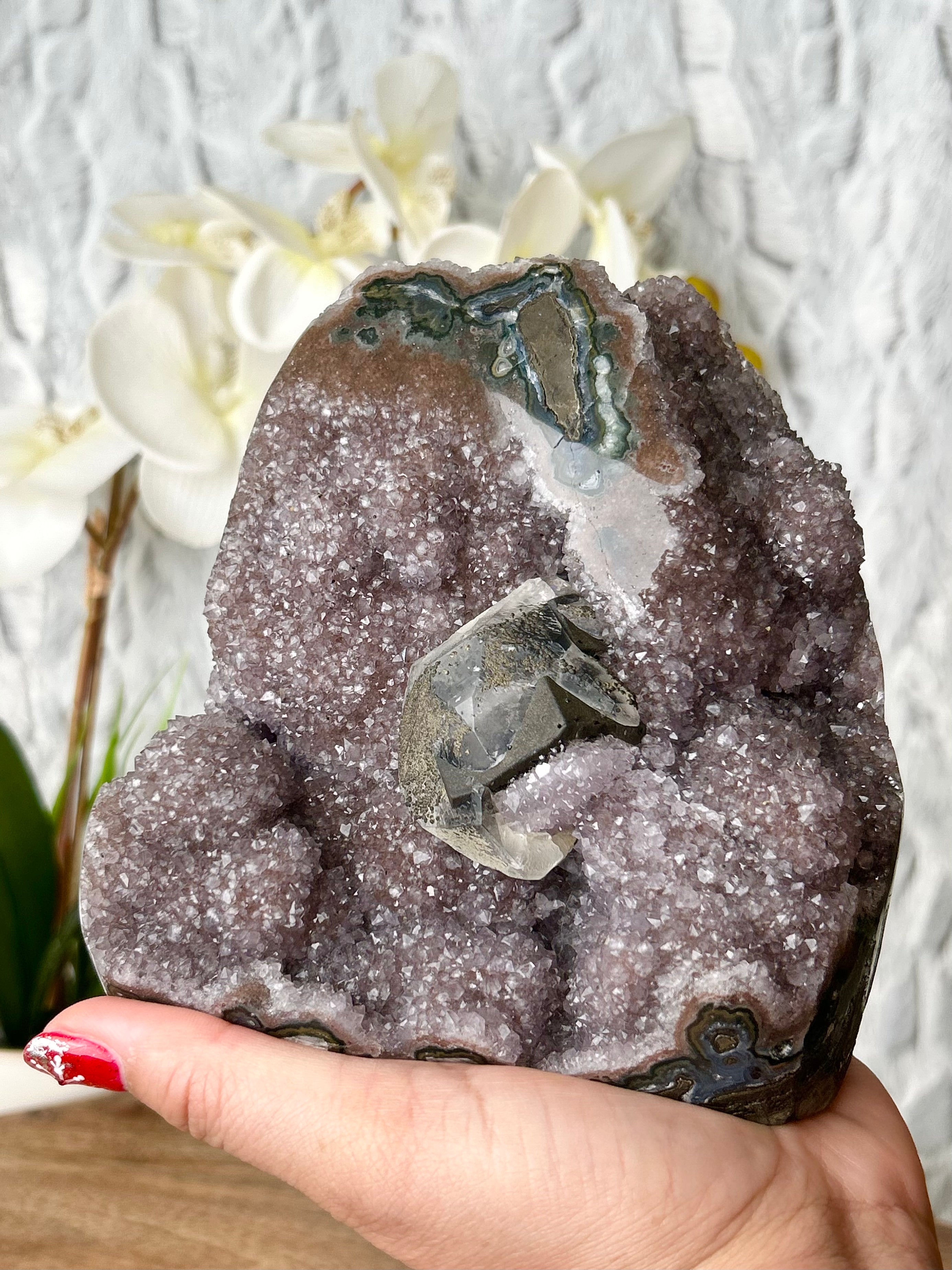 Large Rainbow Uruguayan Amethyst Cut base with Calcite