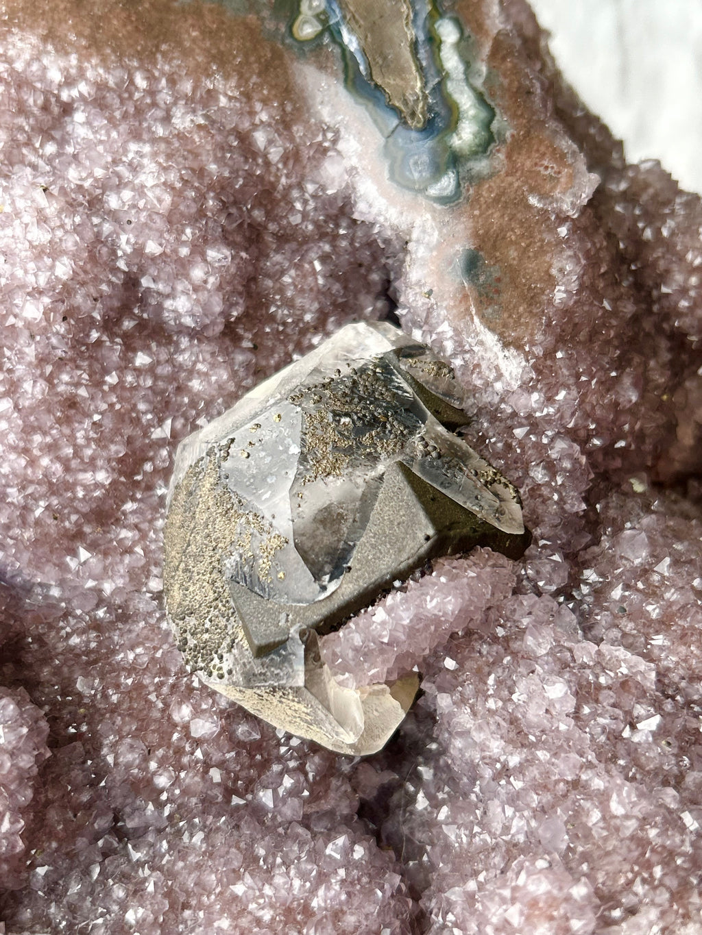 Large Rainbow Uruguayan Amethyst Cut base with Calcite