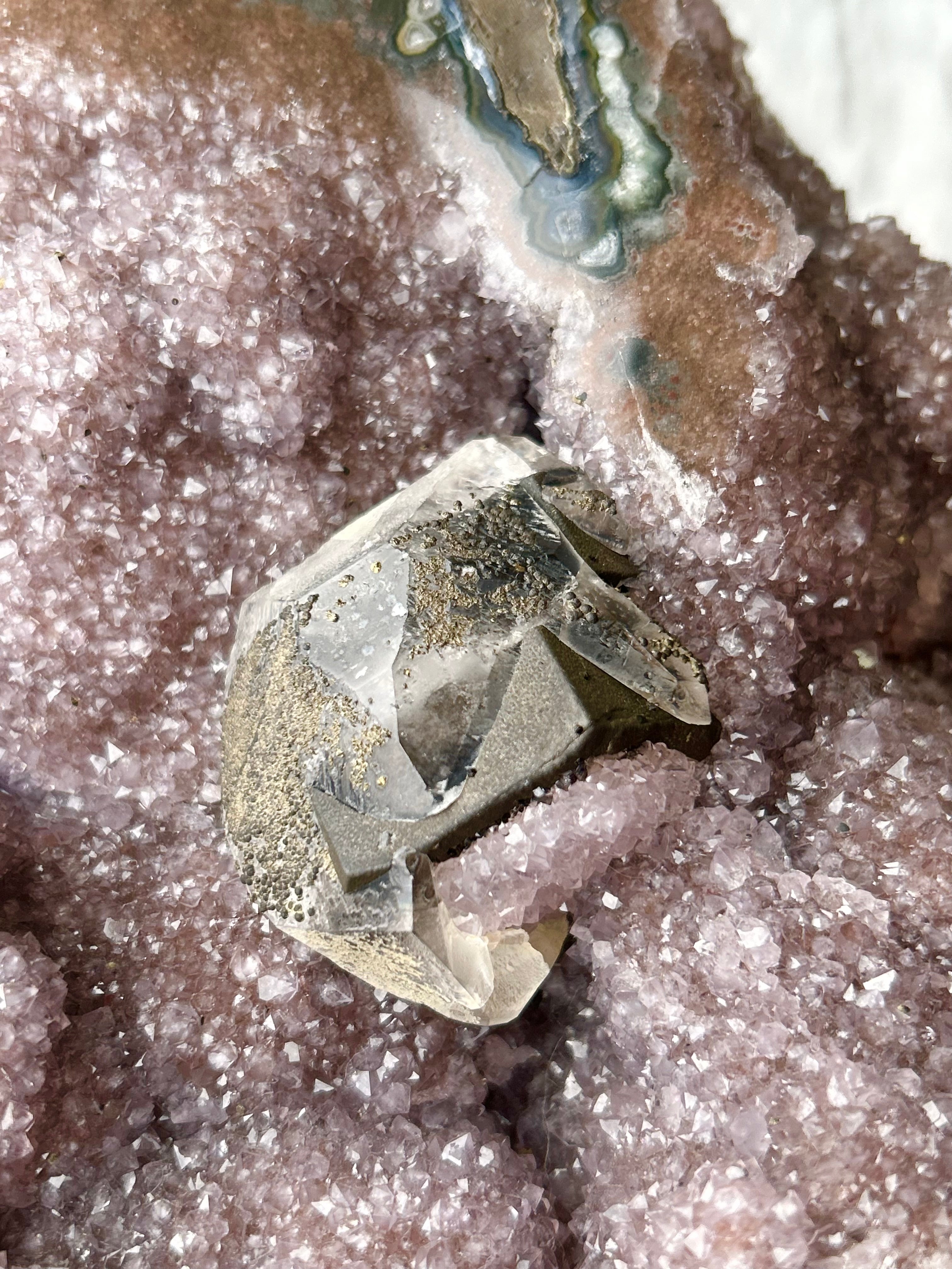 Large Rainbow Uruguayan Amethyst Cut base with Calcite