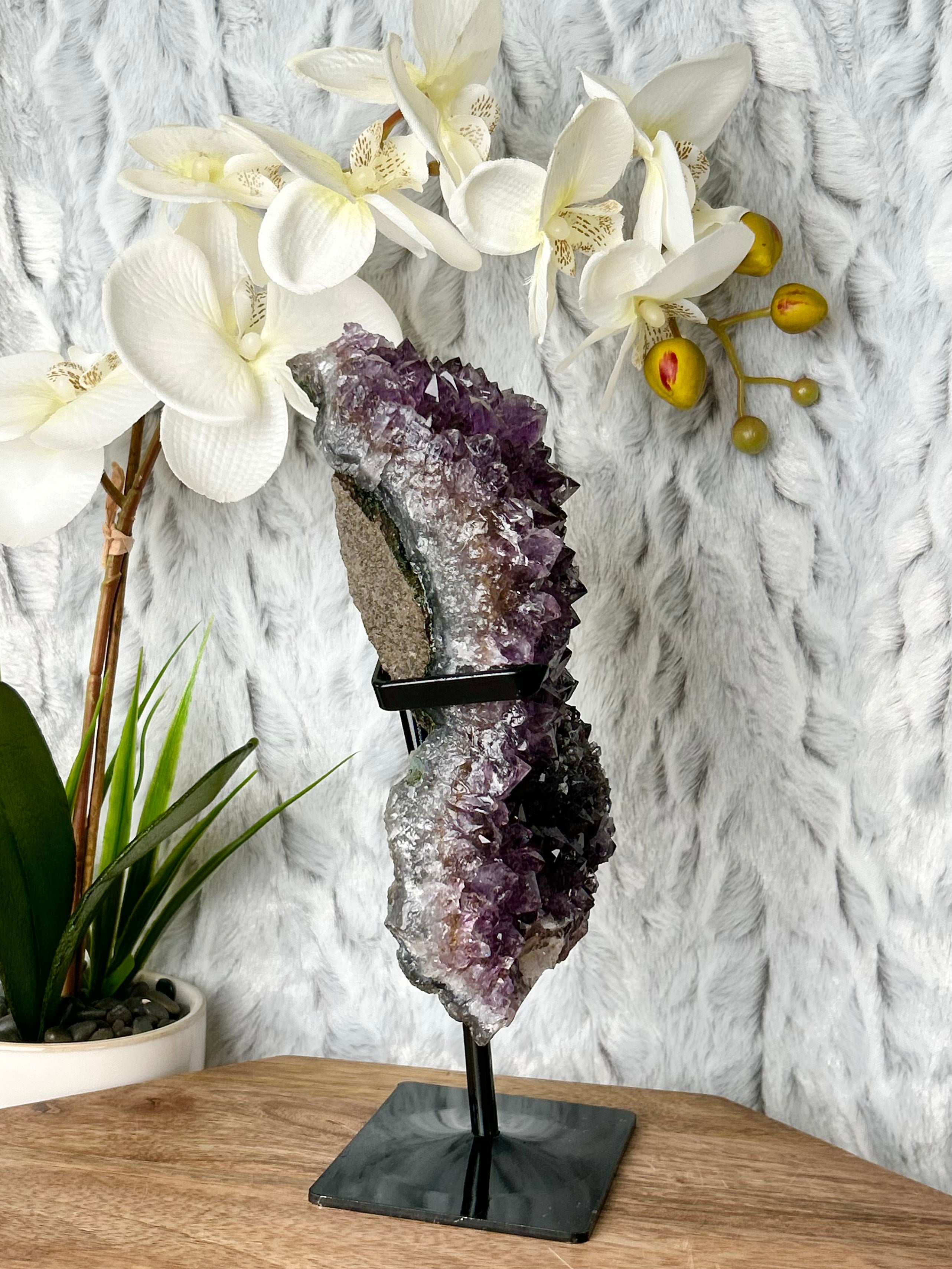 Amethyst cluster on stand