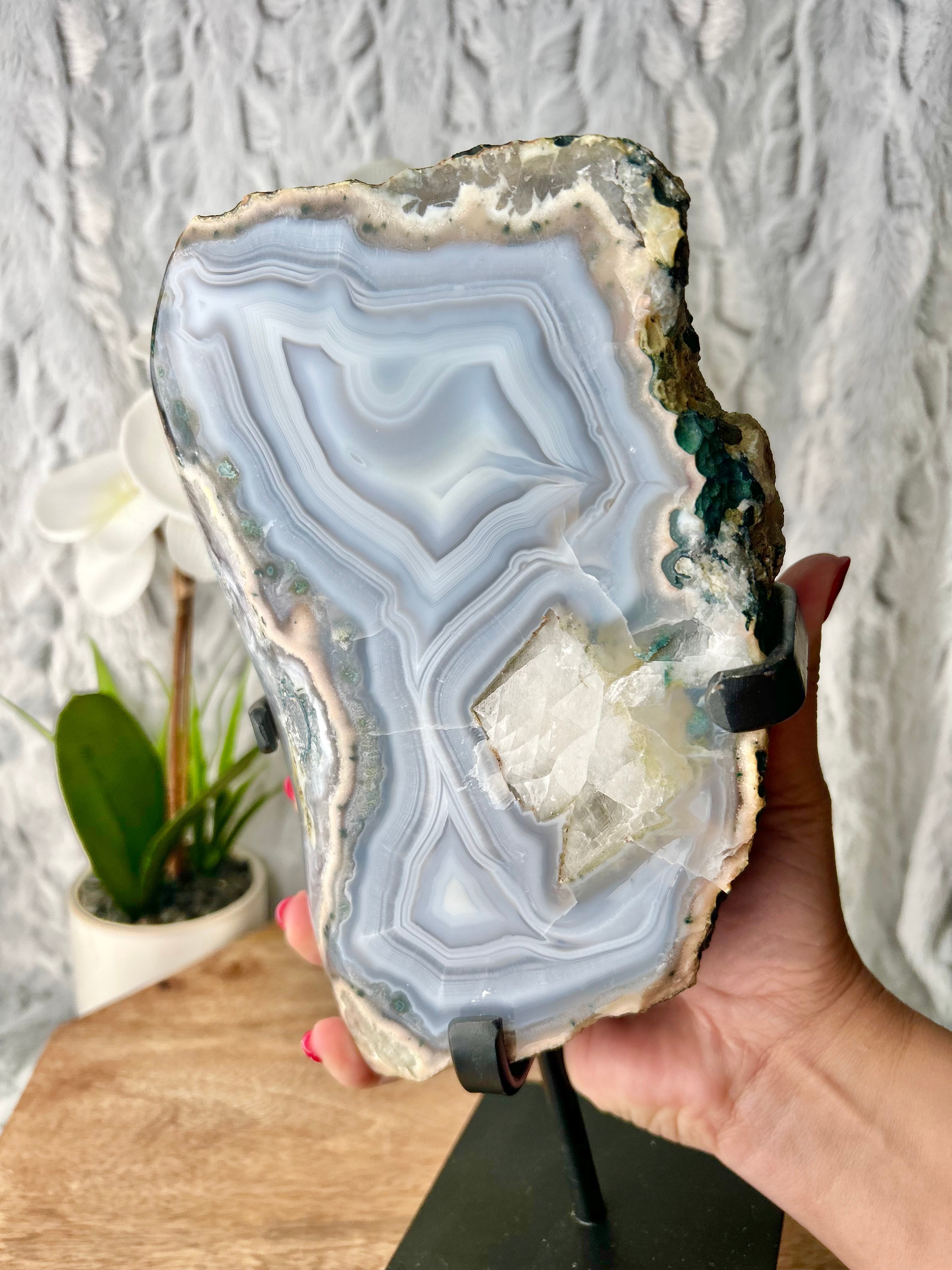 Blue Banded Agate Geode on stand