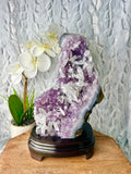 Amethyst with calcite on wooden base