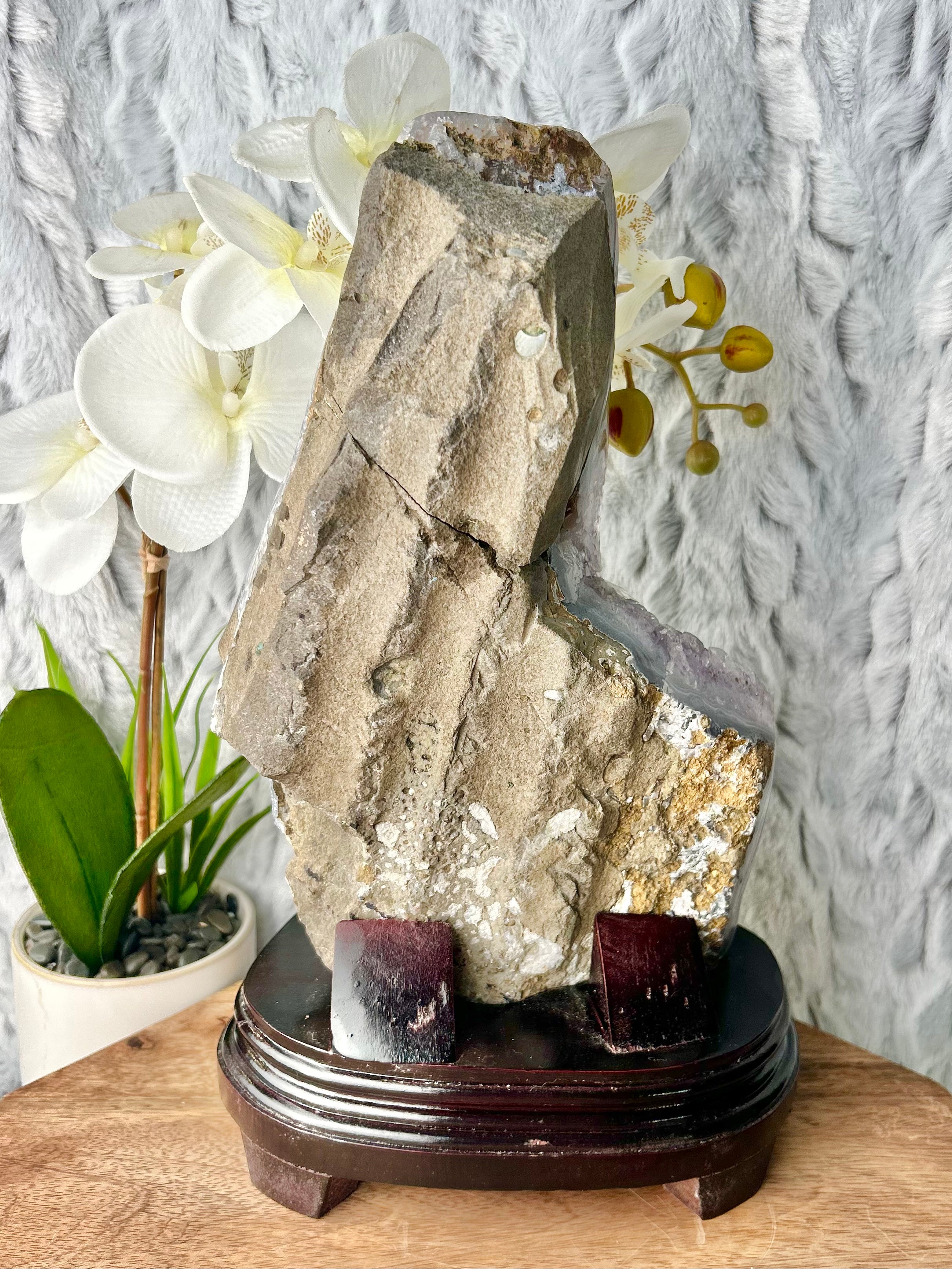 Amethyst with calcite on wooden base