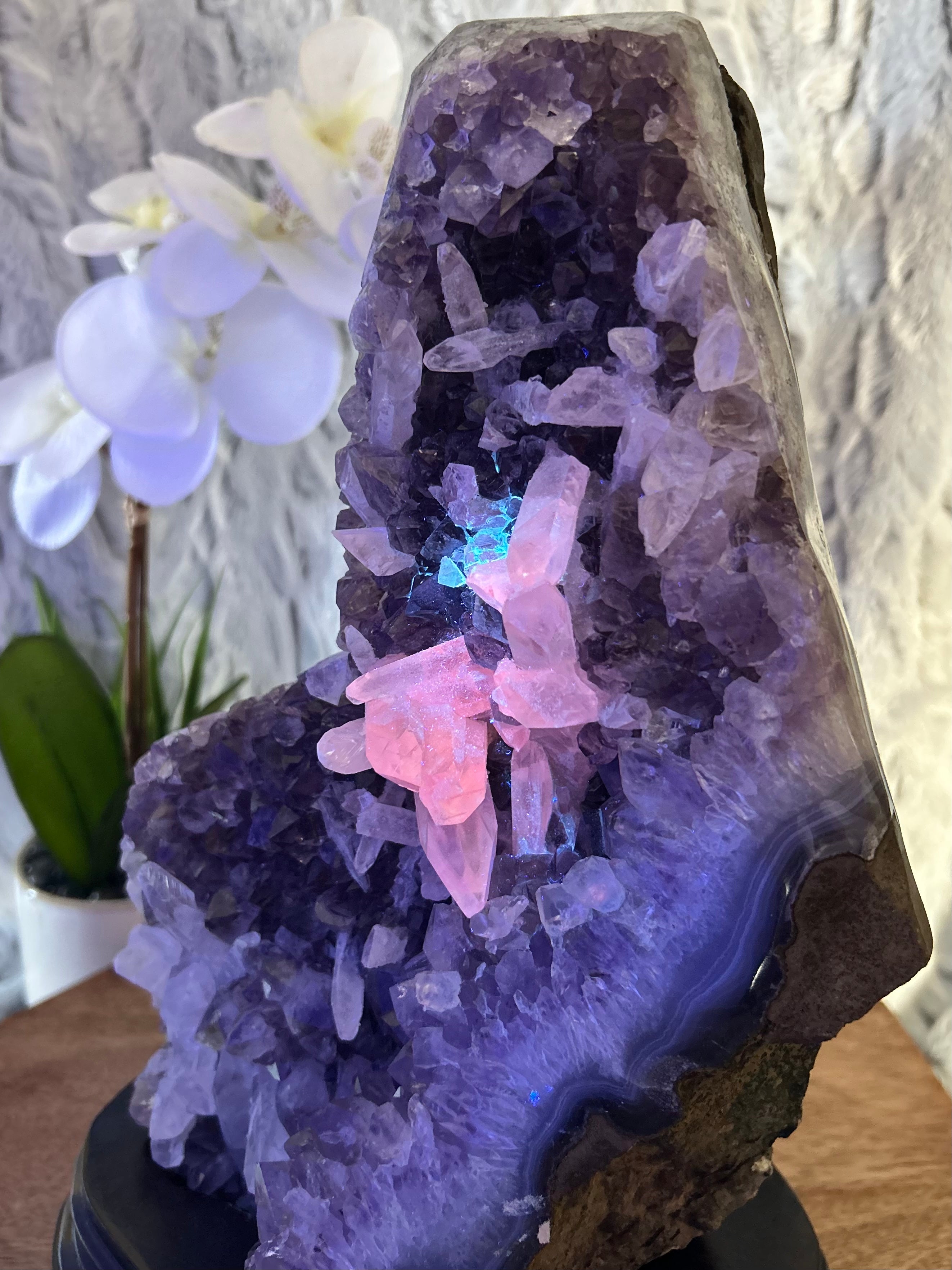 Amethyst with calcite on wooden base