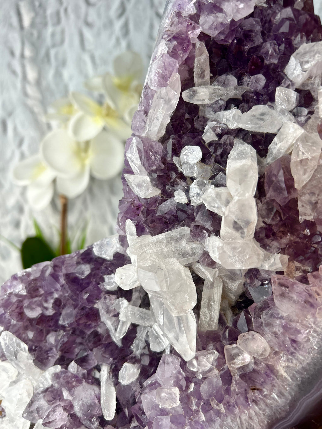 Amethyst with calcite on wooden base