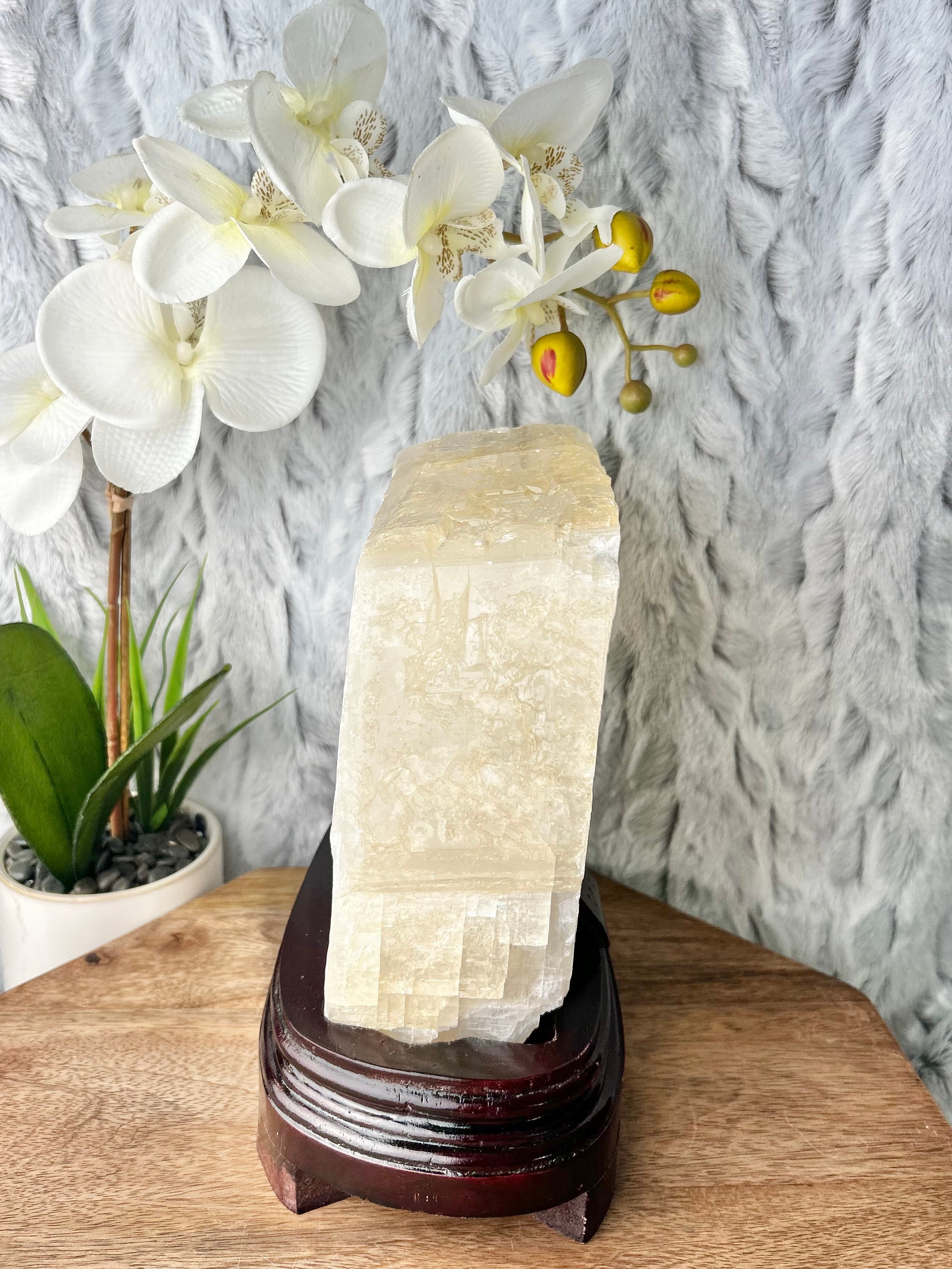 Large Calcite cube on wooden base