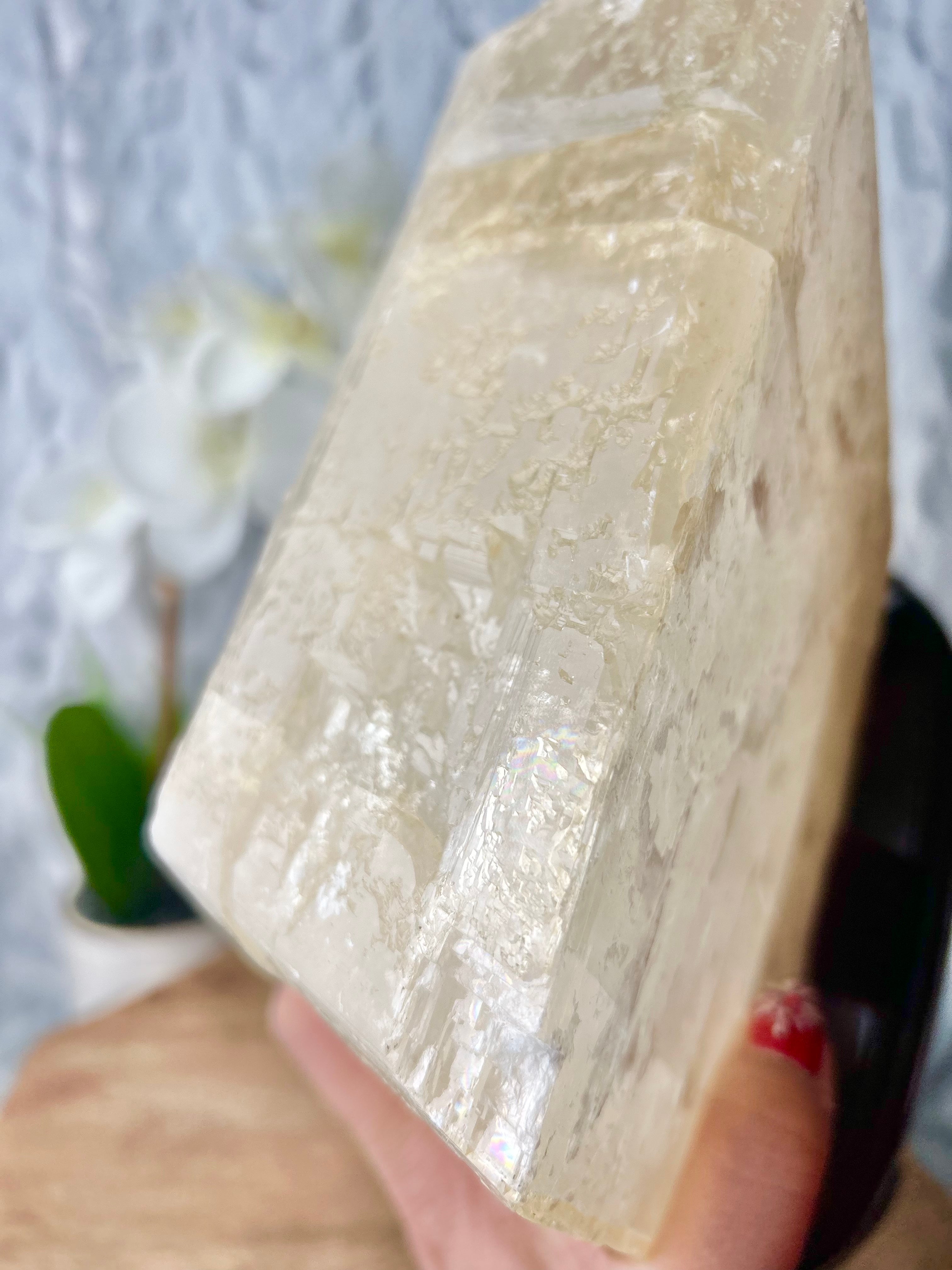 Large Calcite cube on wooden base