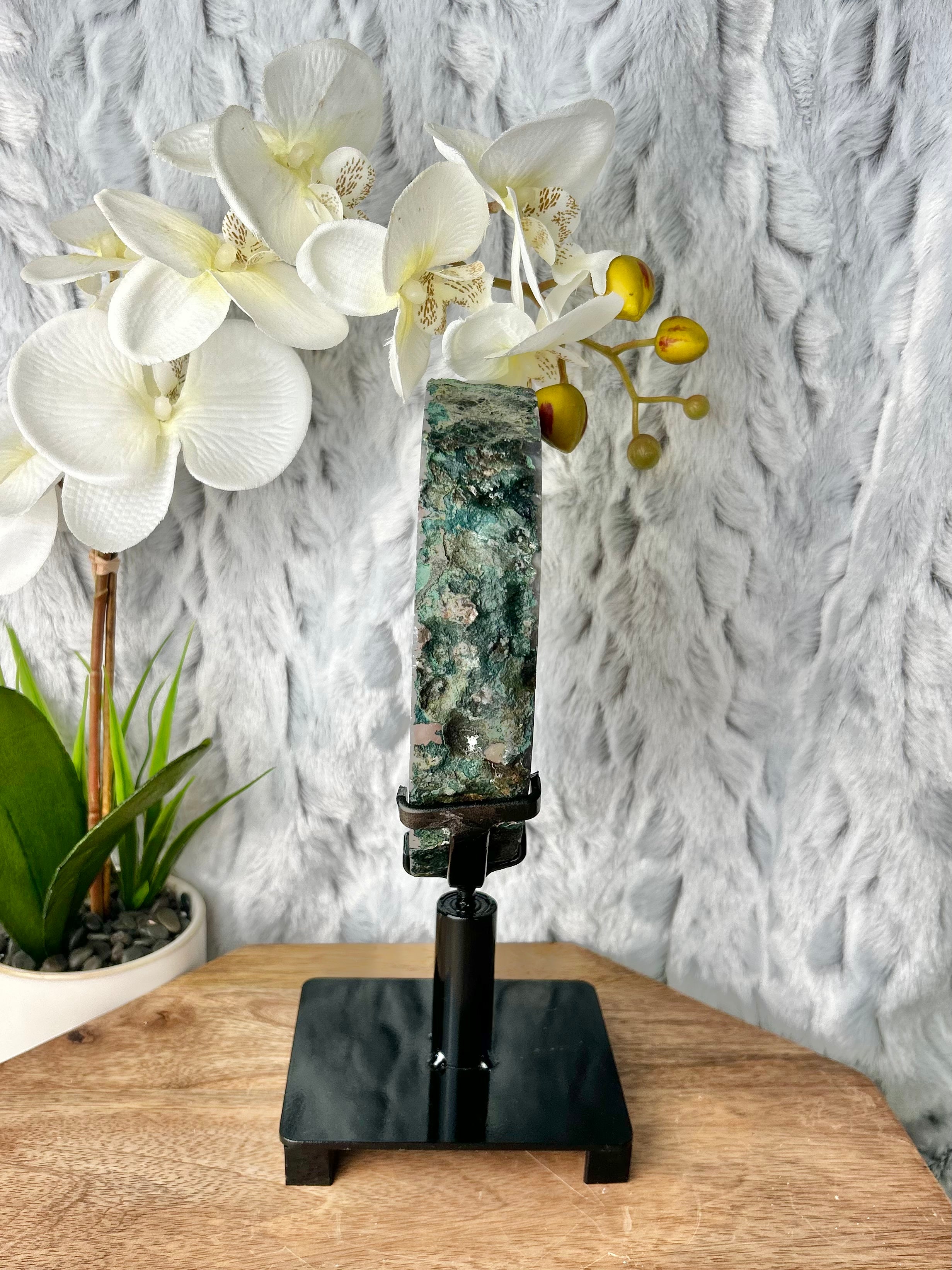 Amethyst portal with Calcite on spinning stand