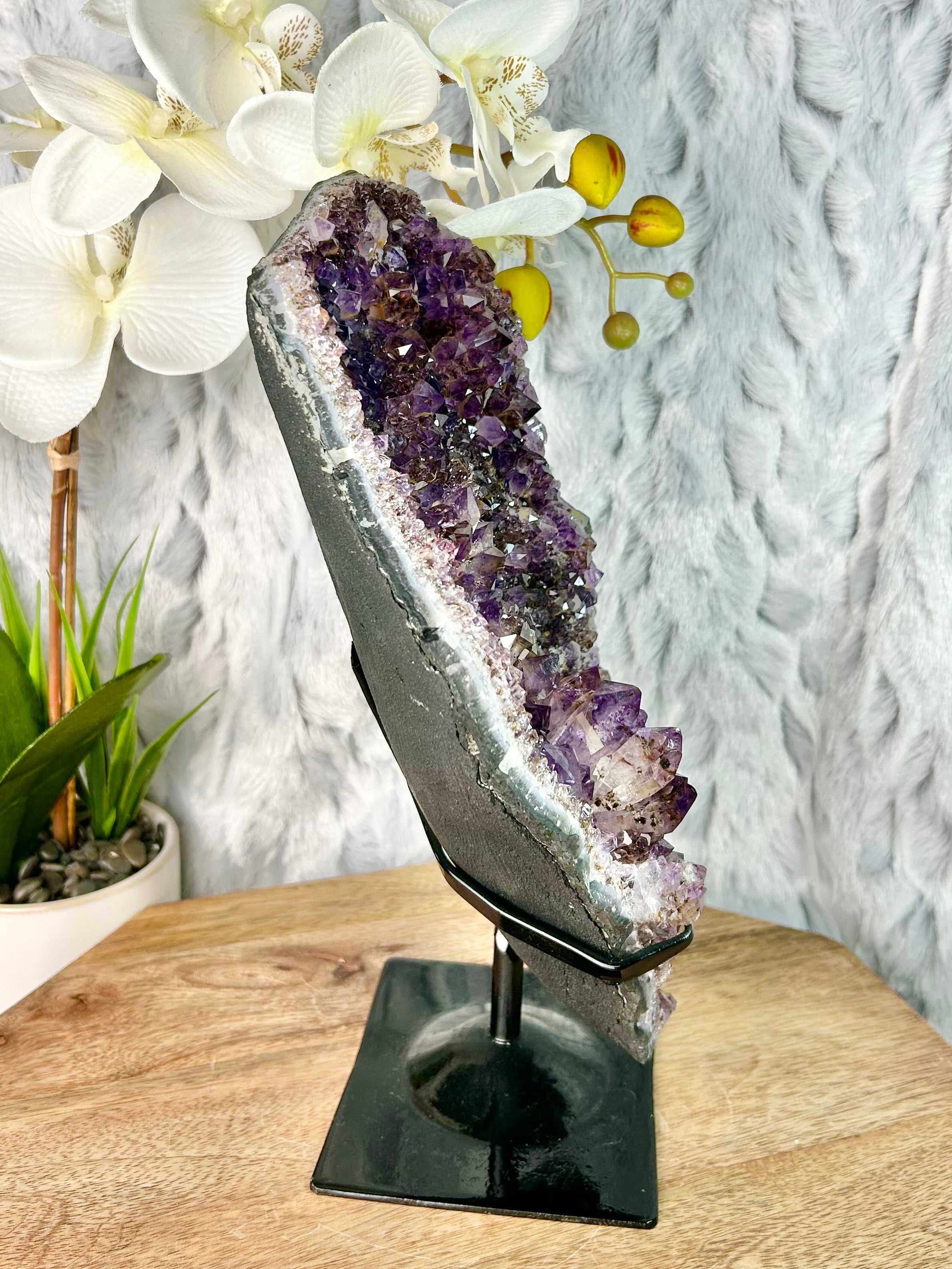 Dark Purple Hematite included Amethyst geode on stand