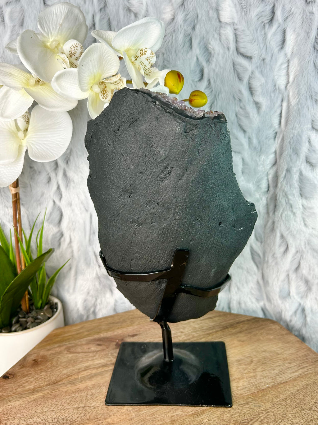 Dark Purple Hematite included Amethyst geode on stand