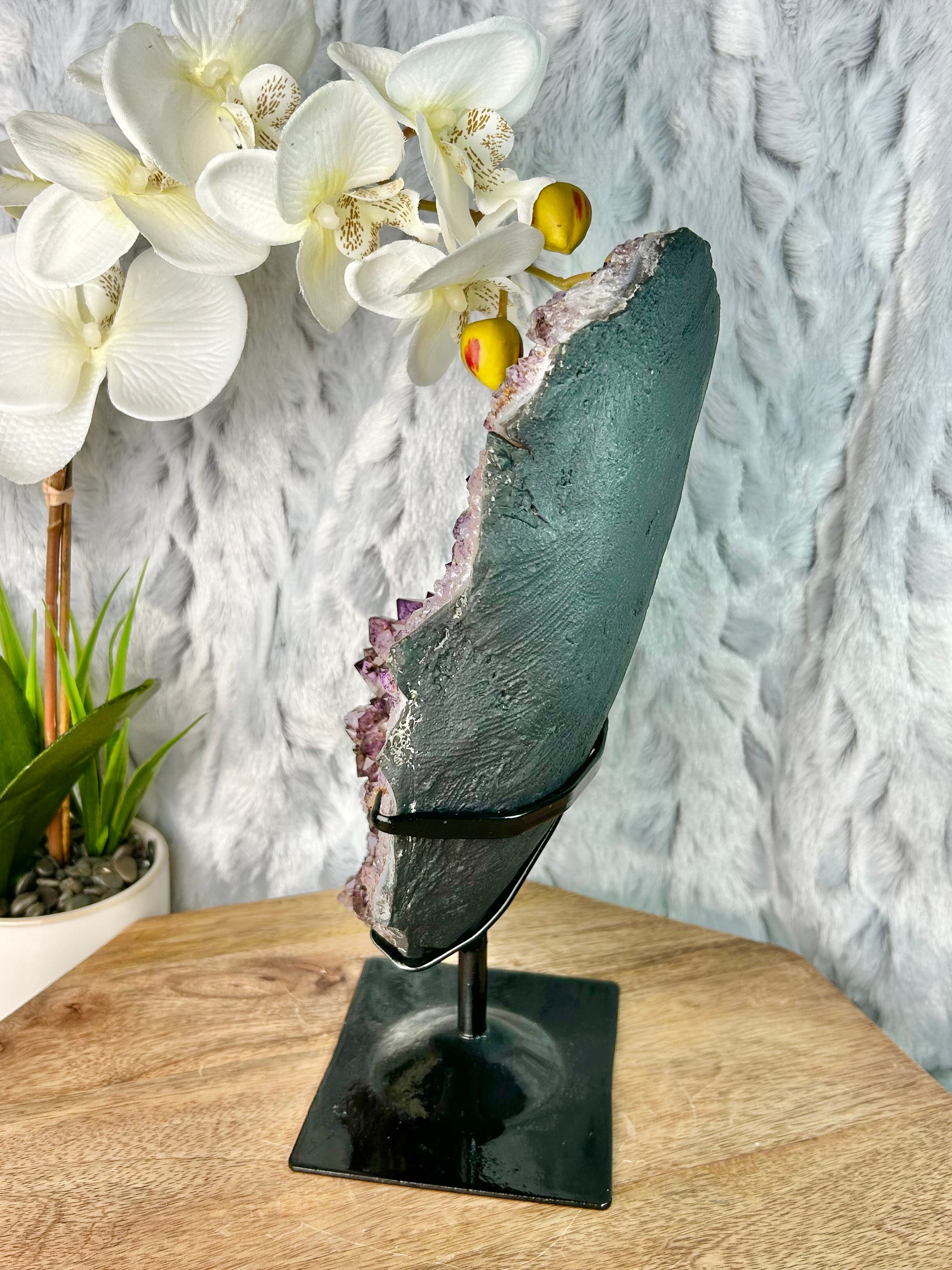 Dark Purple Hematite included Amethyst geode on stand