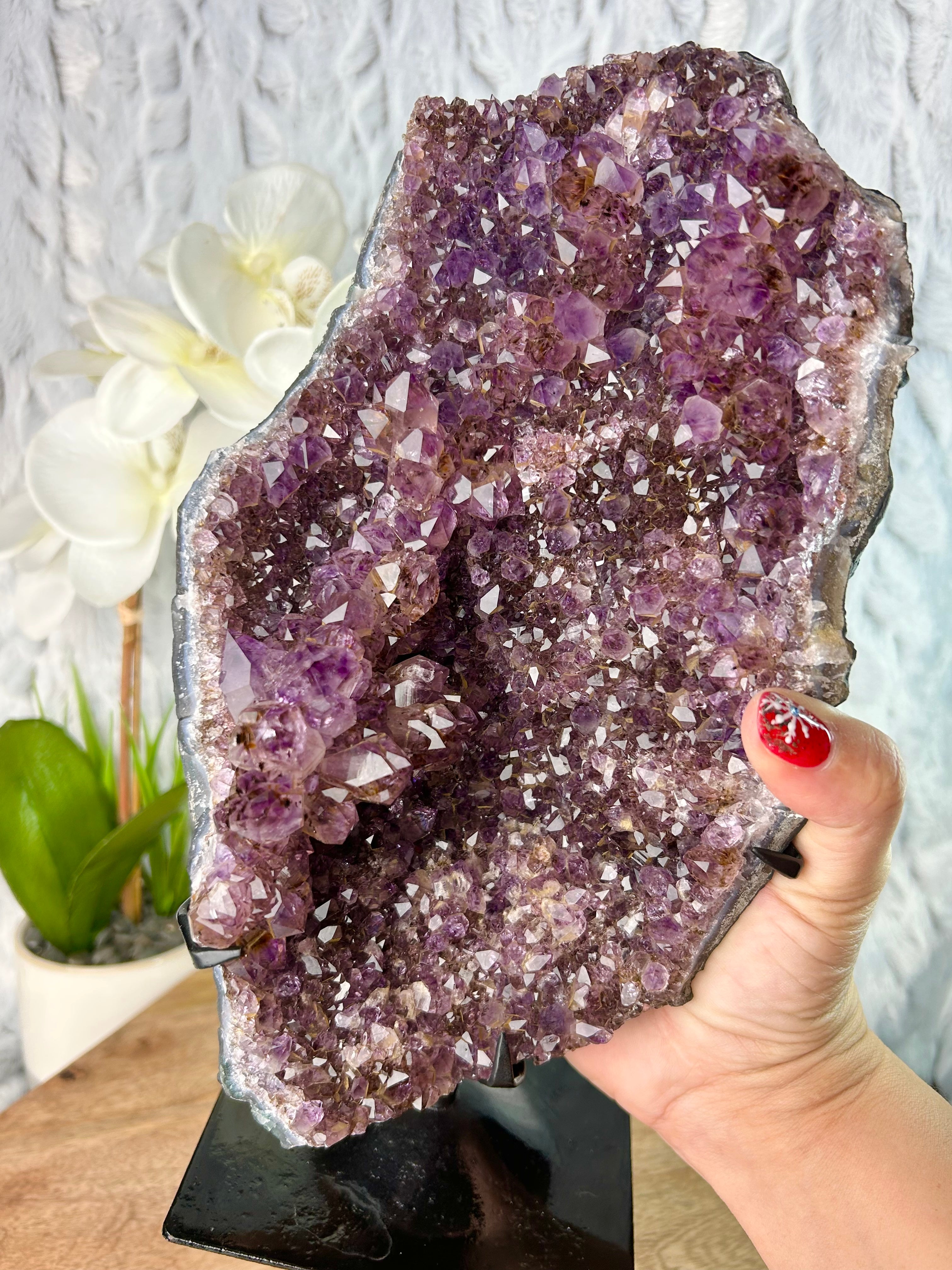 Dark Purple Hematite included Amethyst geode on stand