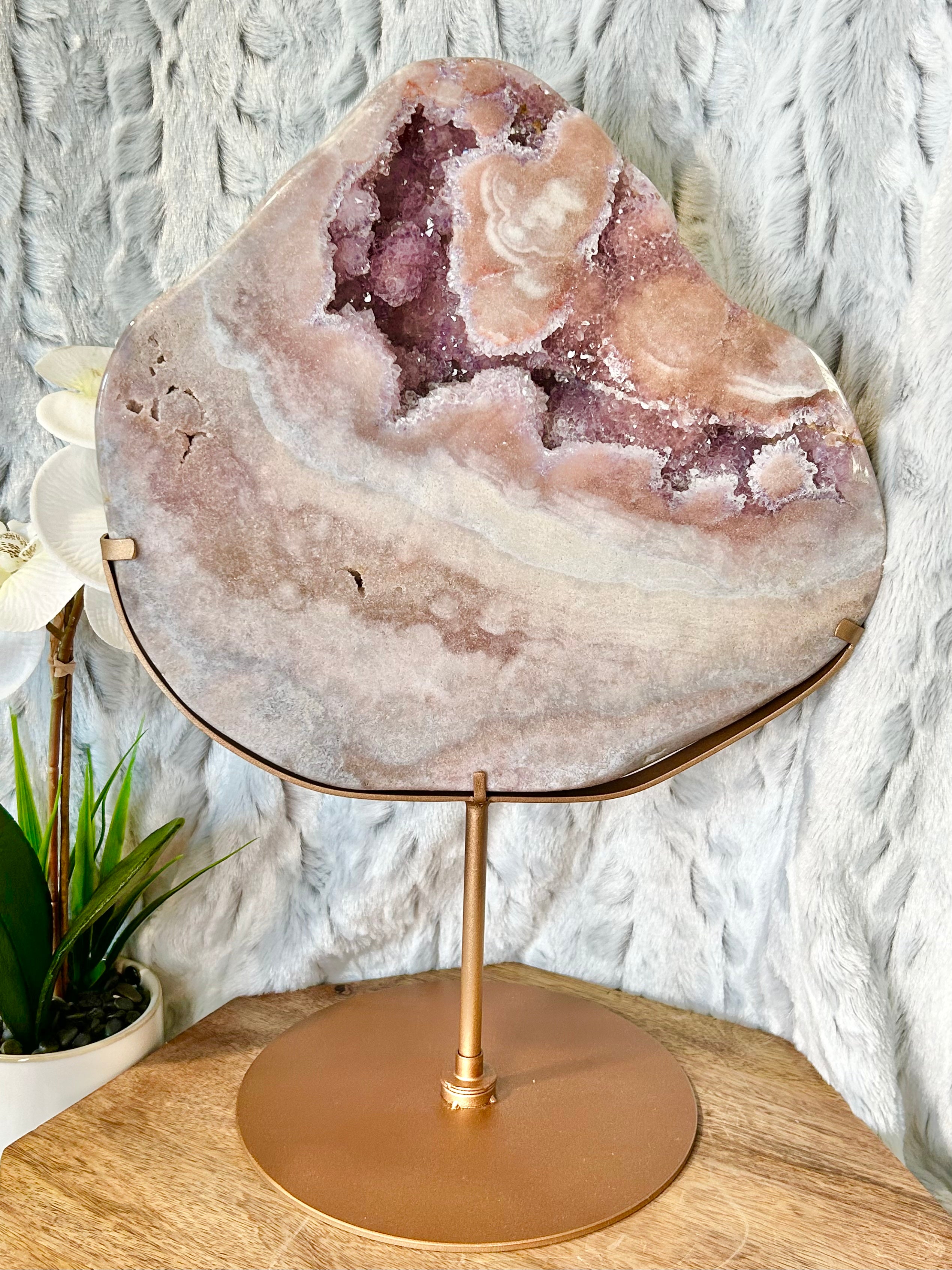 Large Pink Amethyst slab on spinning stand