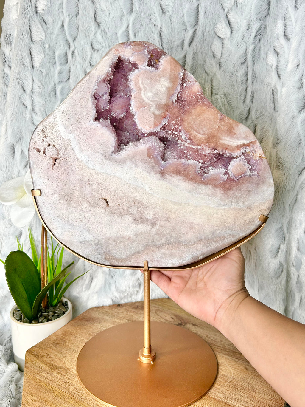 Large Pink Amethyst slab on spinning stand