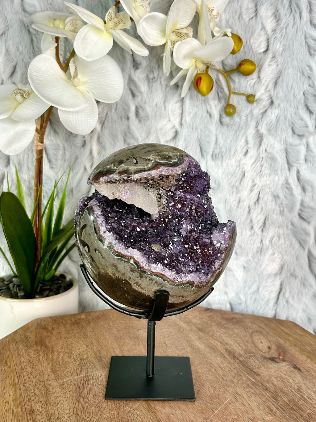 Large Uruguayan Amethyst Sphere with blade Calcite