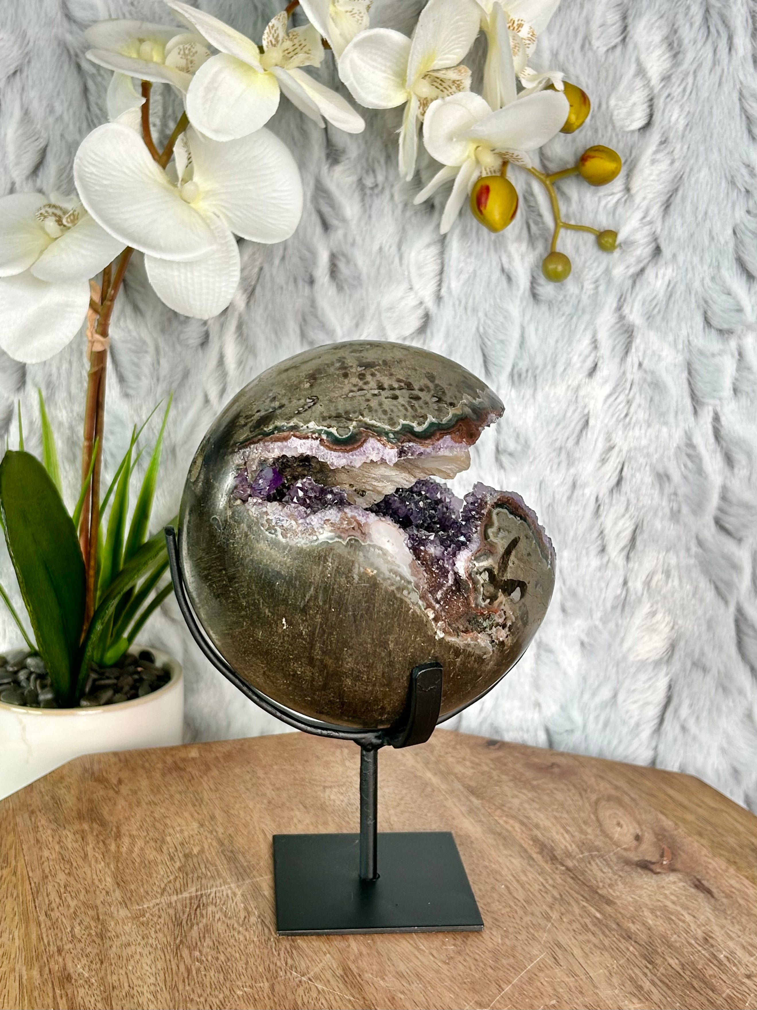 Large Uruguayan Amethyst Sphere with blade Calcite