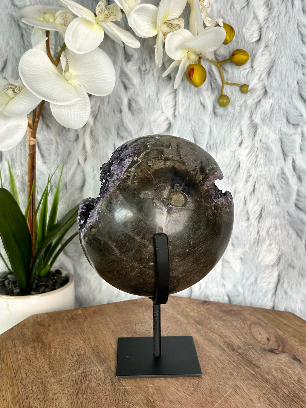 Large Uruguayan Amethyst Sphere with blade Calcite