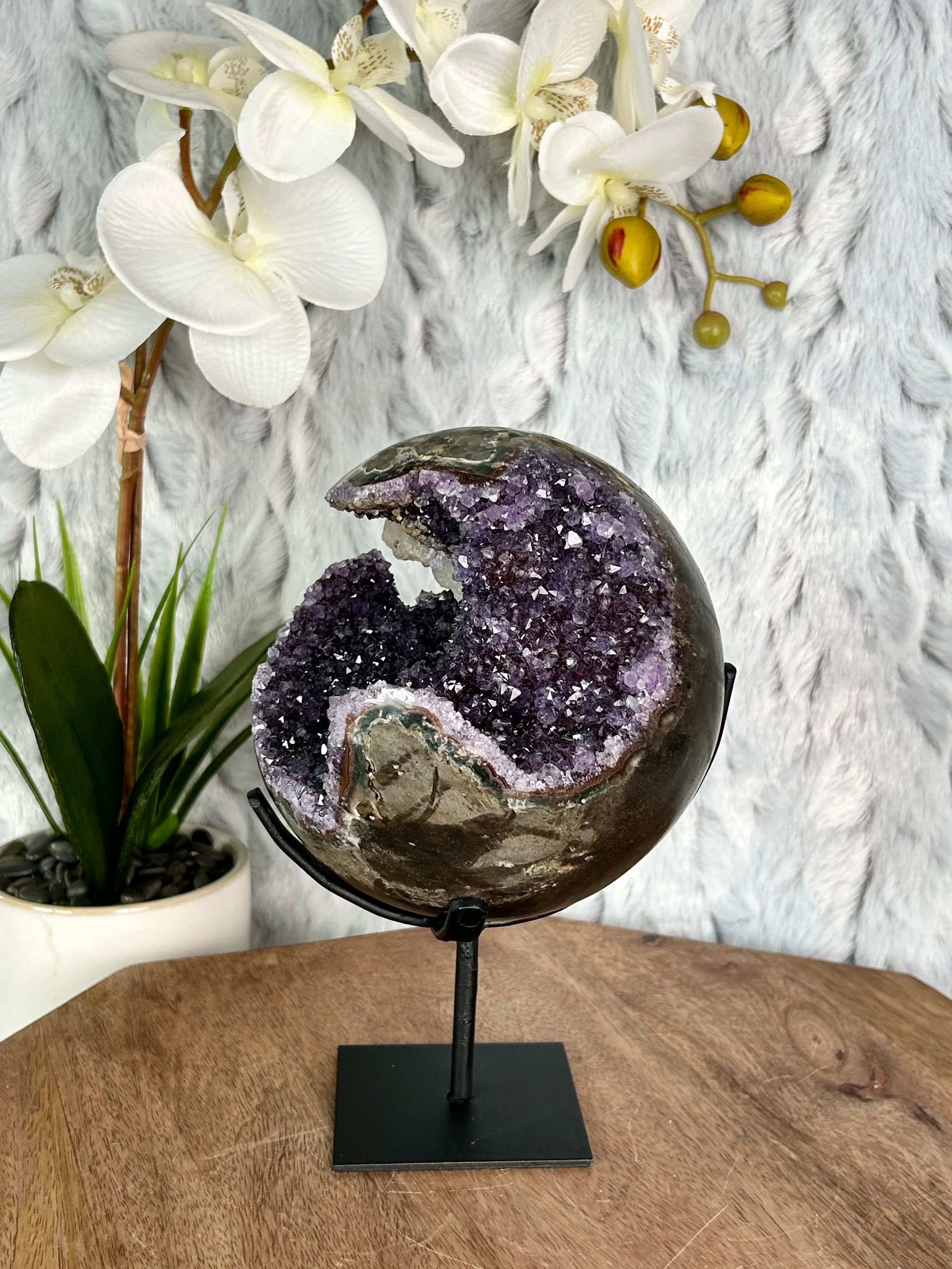 Large Uruguayan Amethyst Sphere with blade Calcite