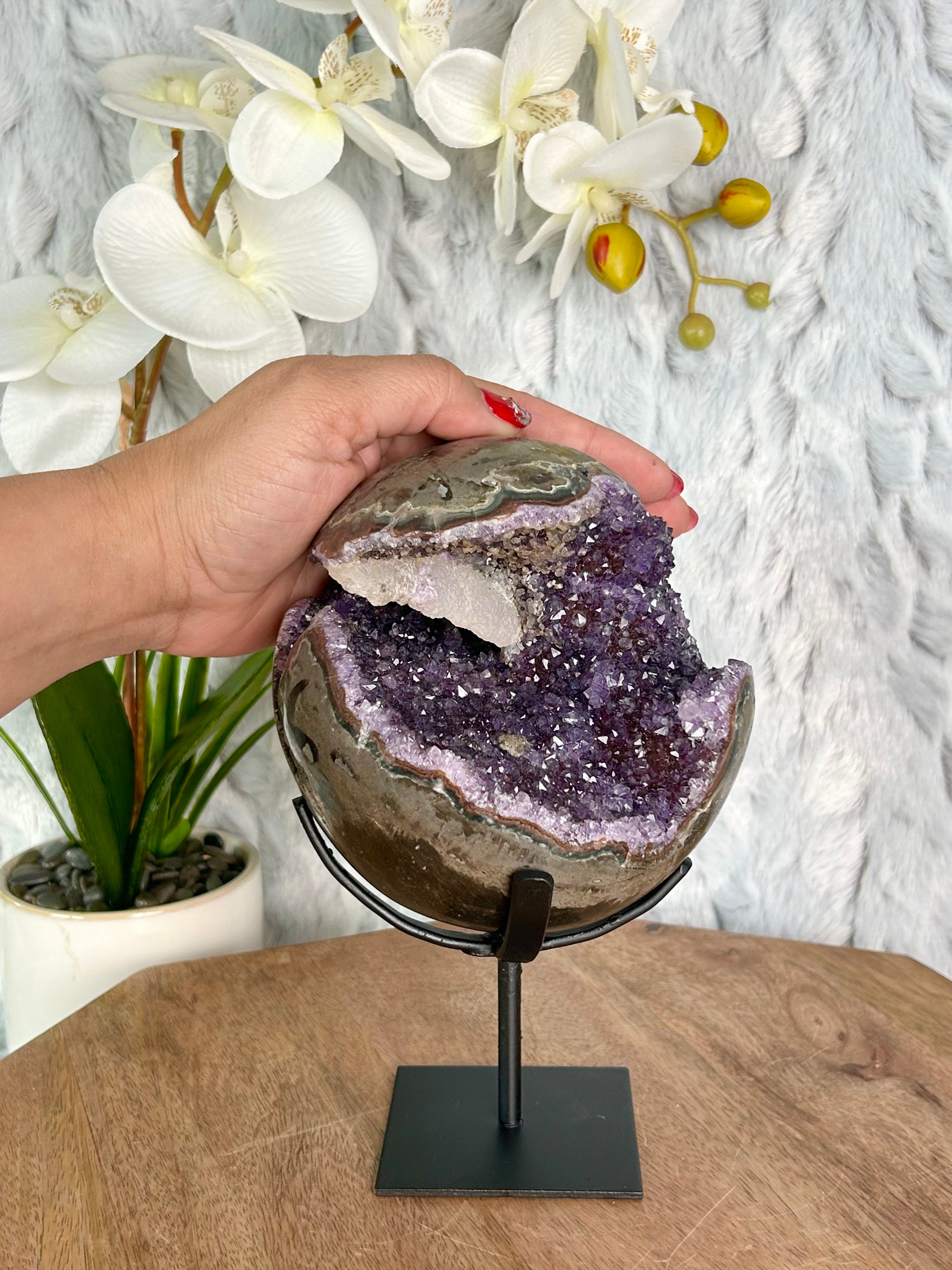 Large Uruguayan Amethyst Sphere with blade Calcite
