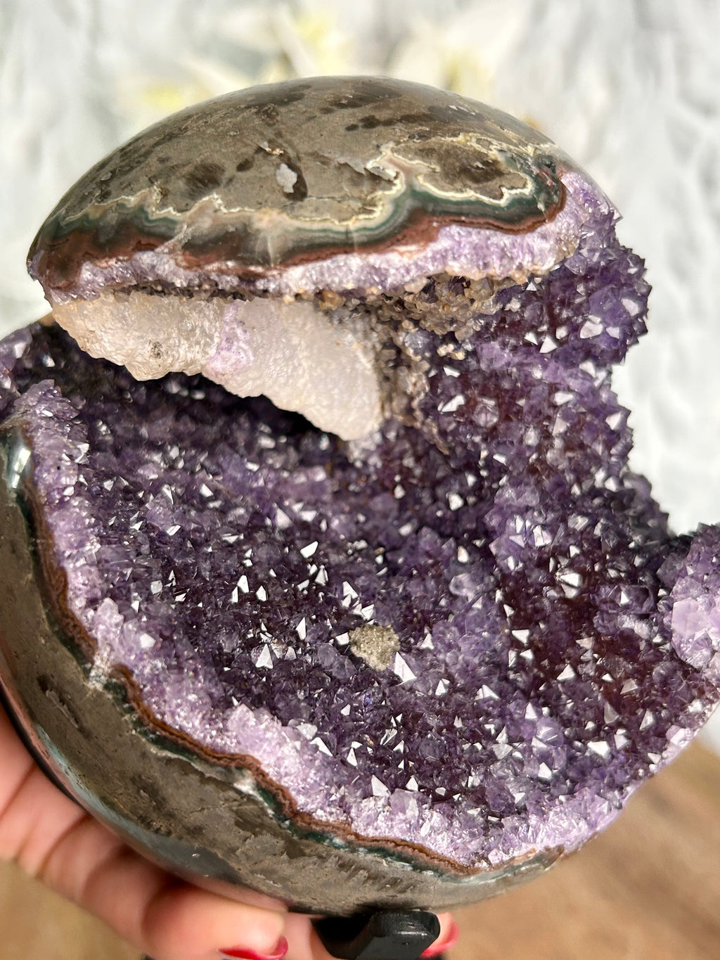 Large Uruguayan Amethyst Sphere with blade Calcite