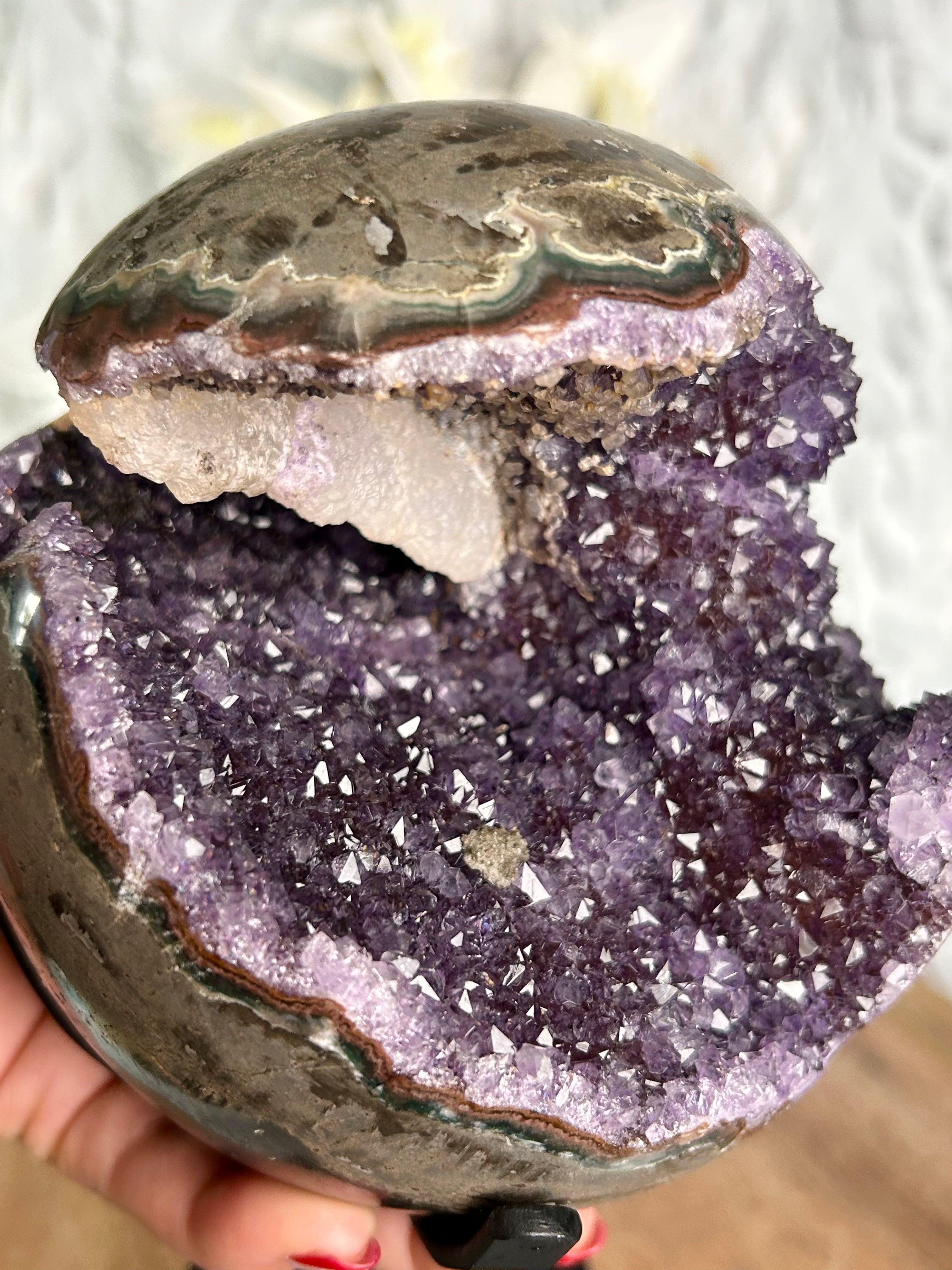 Large Uruguayan Amethyst Sphere with blade Calcite