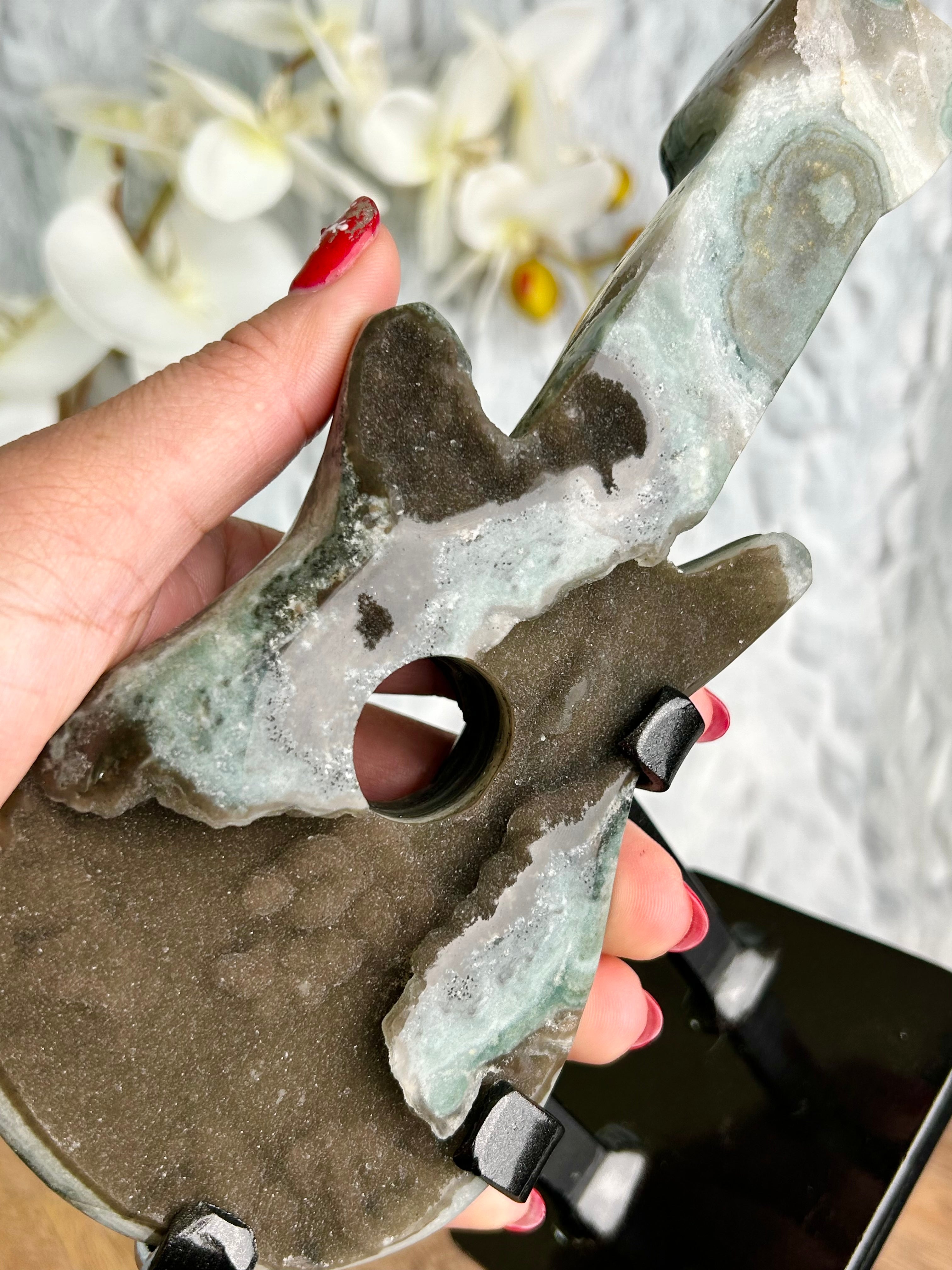 Uruguayan Amethyst Agate Guitar on stand