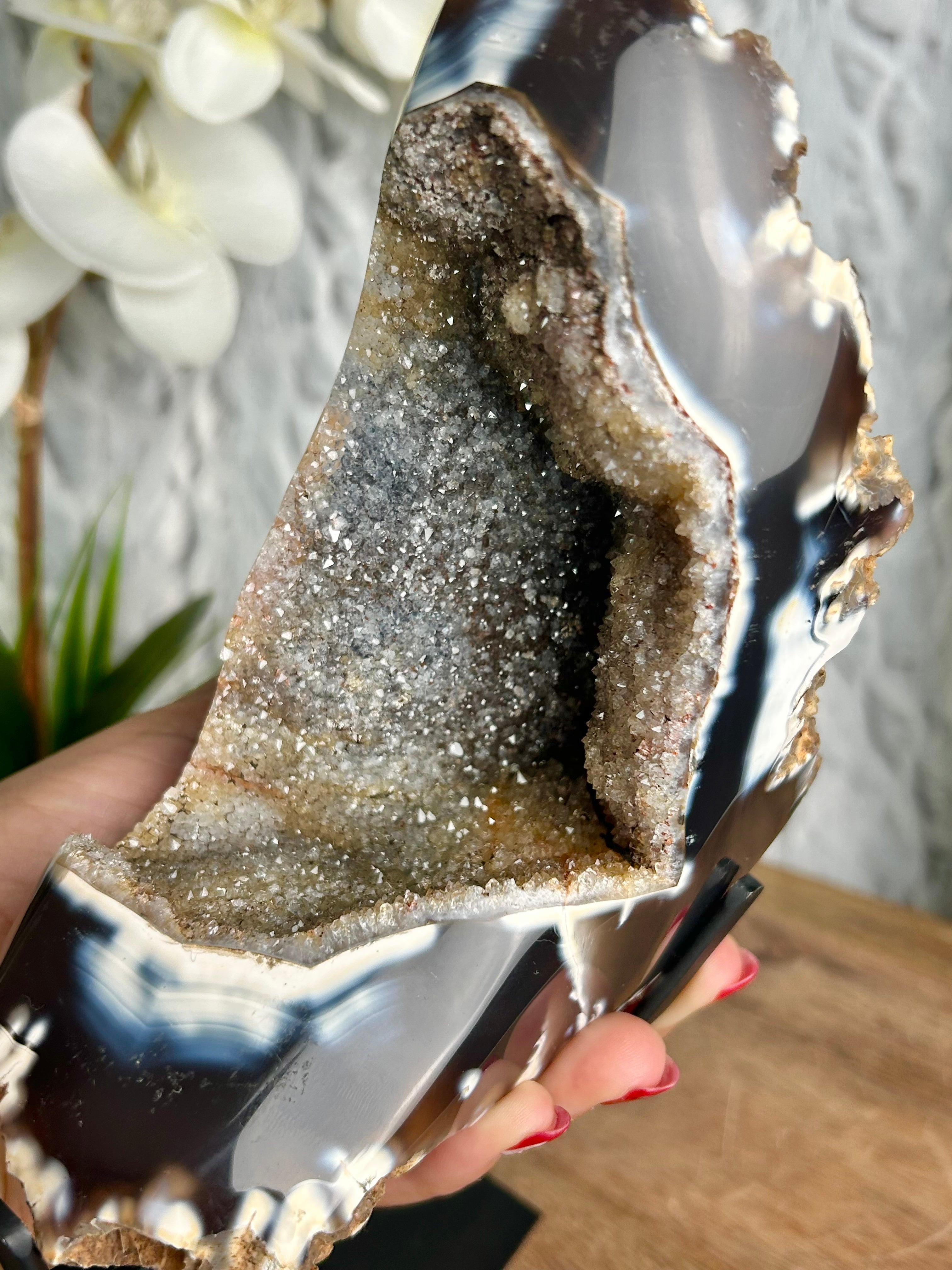 Large Orca Agate Geode with Rainbow Druse