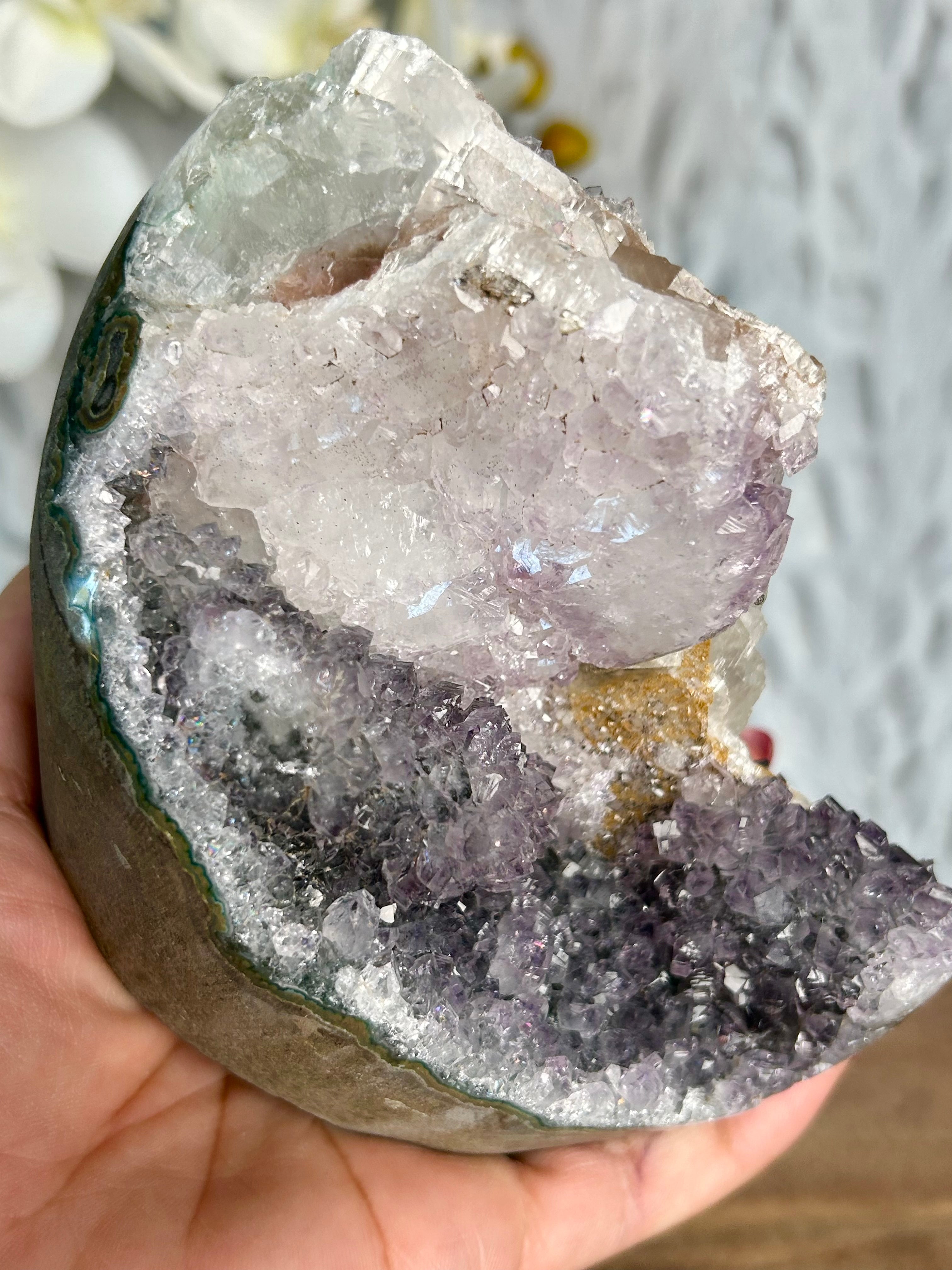 Rainbow Amethyst Cut Base with Large Blade Calcite