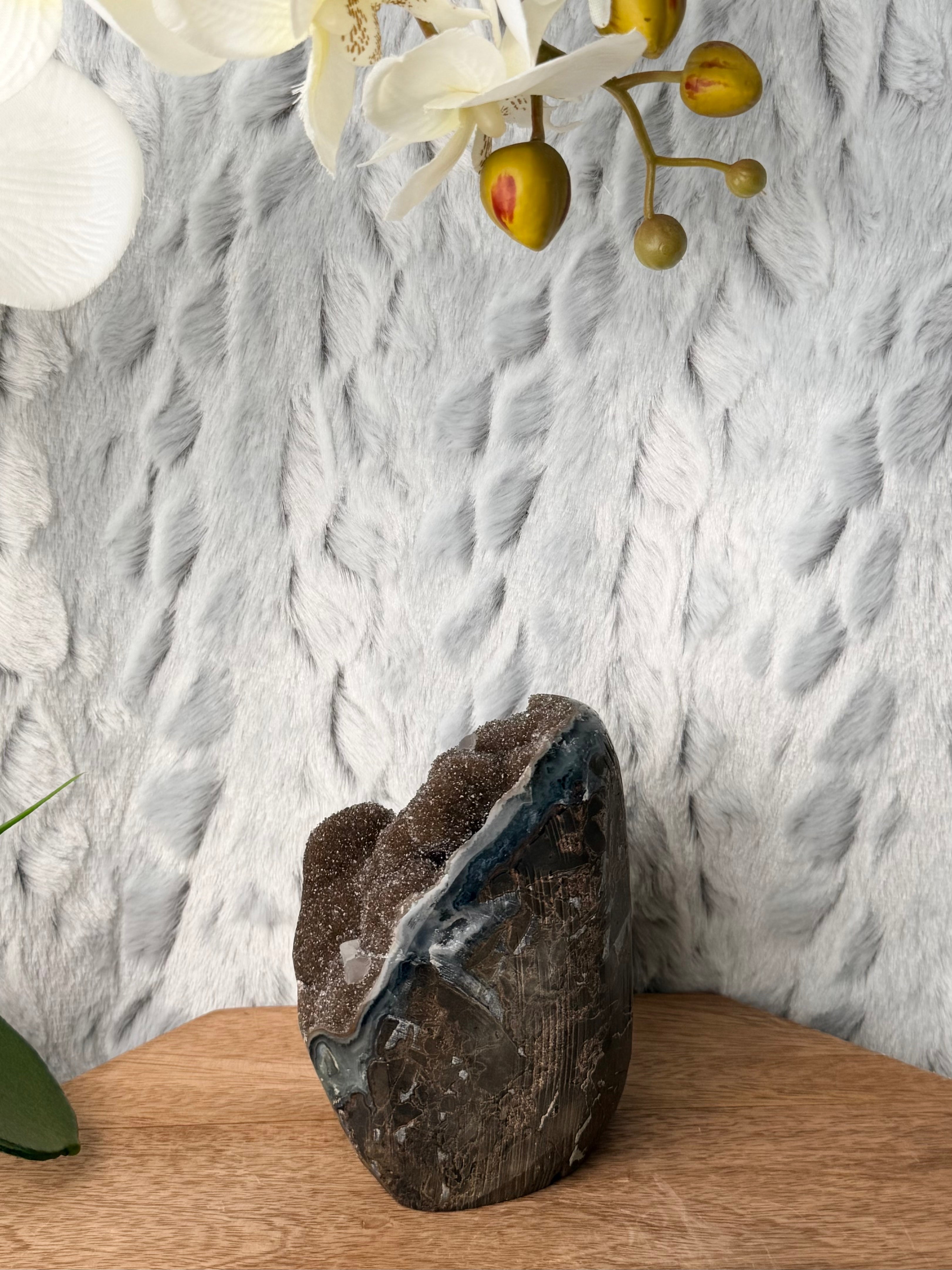 Uruguayan Rainbow Brown Druse Cut Base with Uv Reactive Calcites