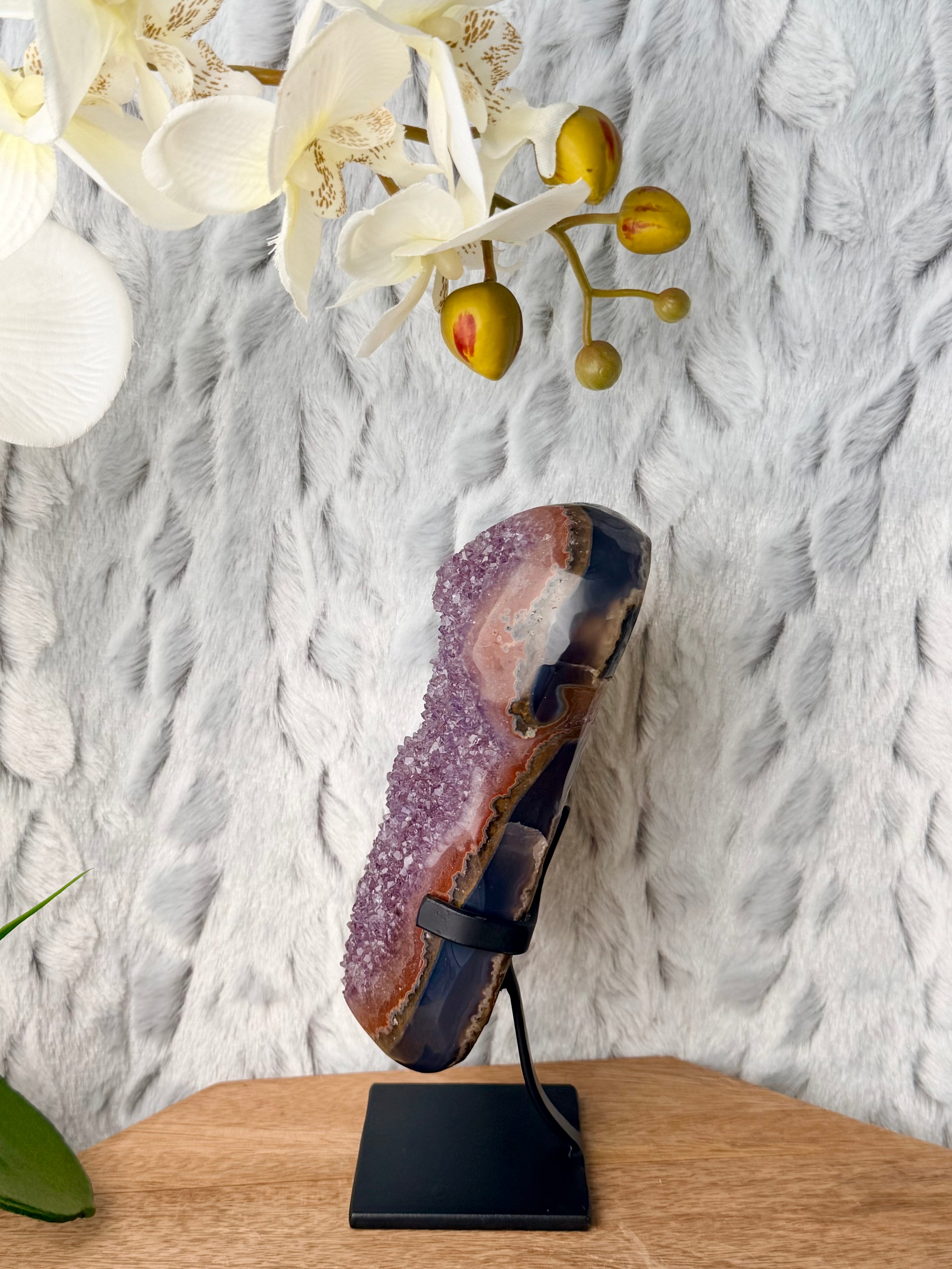 Uruguayan Rainbow Amethyst Geode on stand