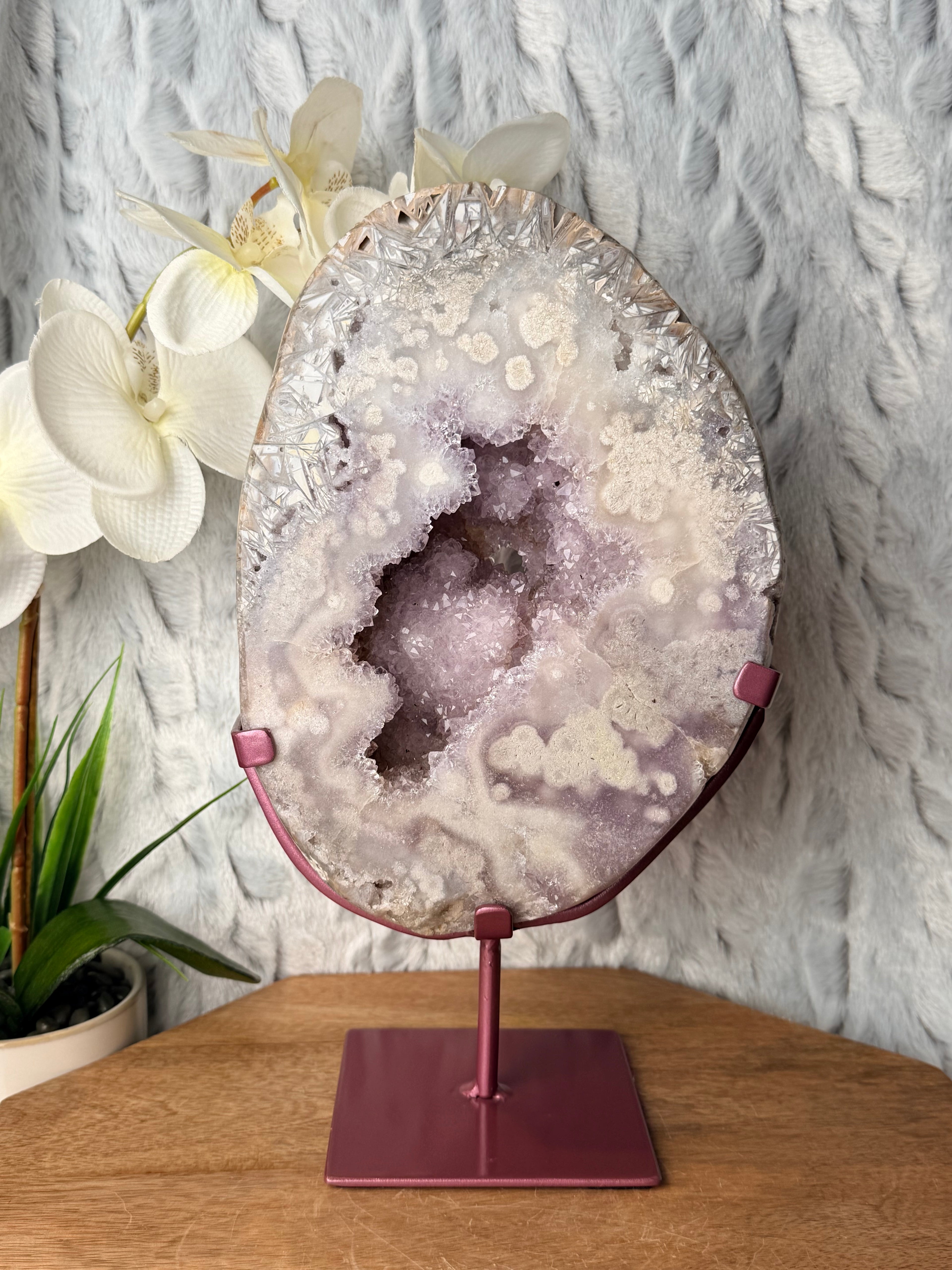 Large Round Rutilated Pink Amethyst Slab on stand