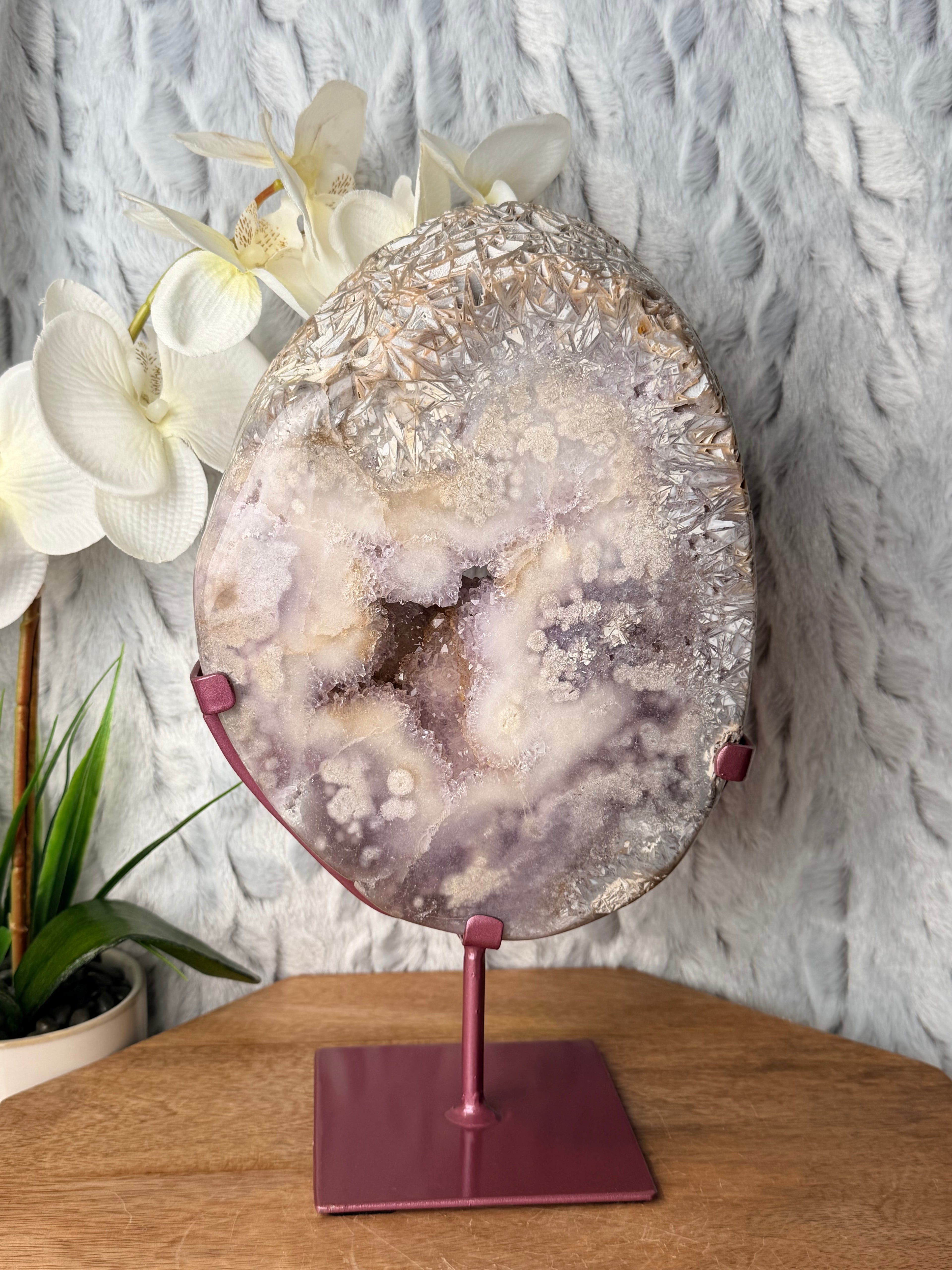 Large Round Rutilated Pink Amethyst Slab on stand
