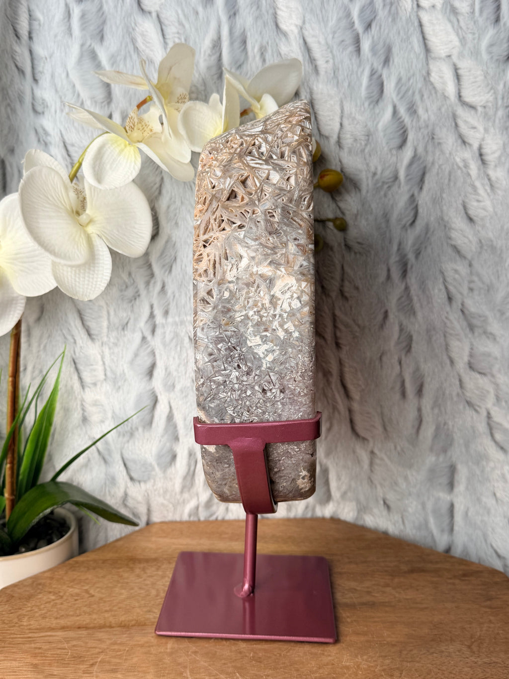 Large Round Rutilated Pink Amethyst Slab on stand