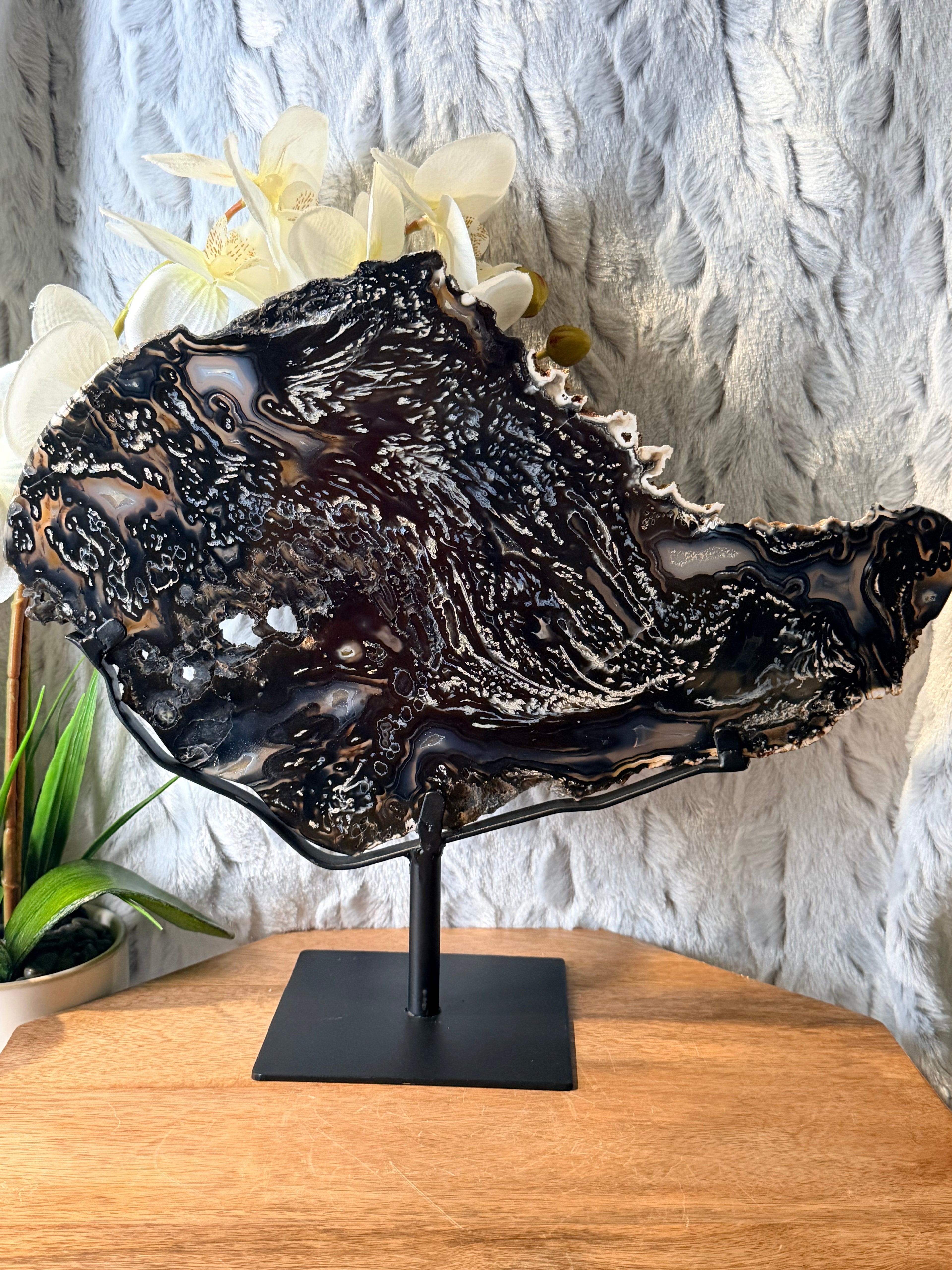 Large Black and Blue Agate slice on stand