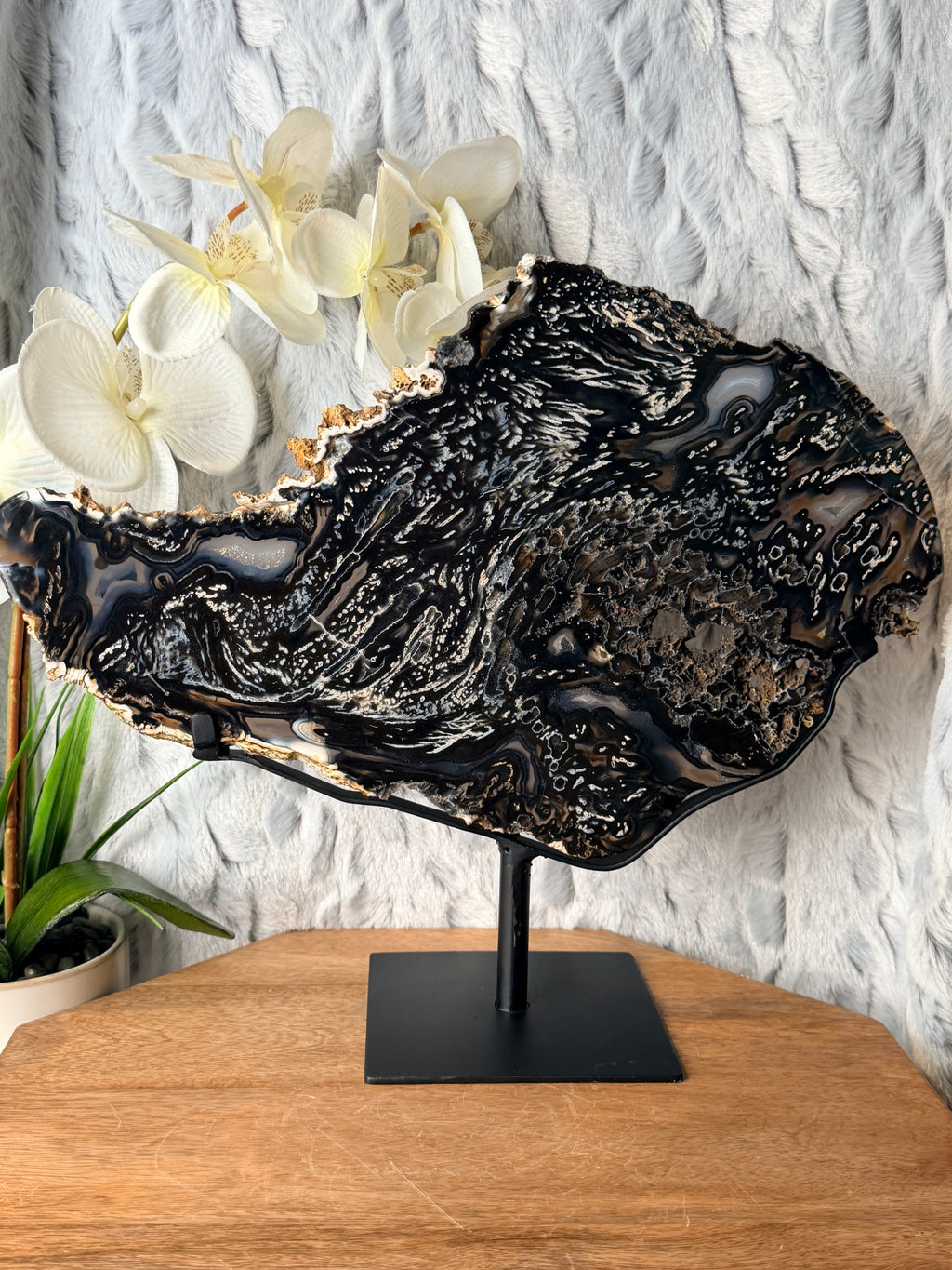 Large Black and Blue Agate slice on stand