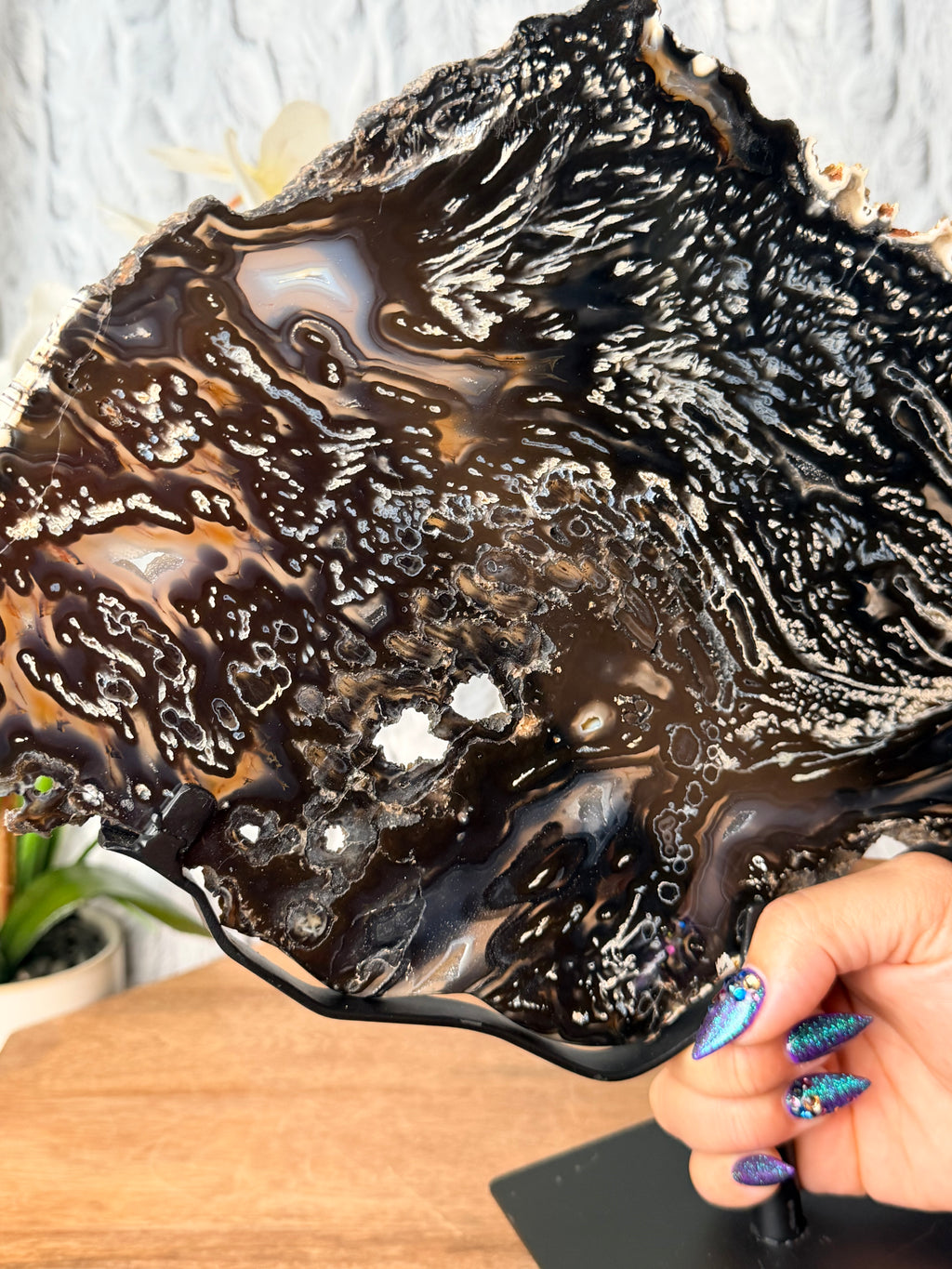 Large Black and Blue Agate slice on stand