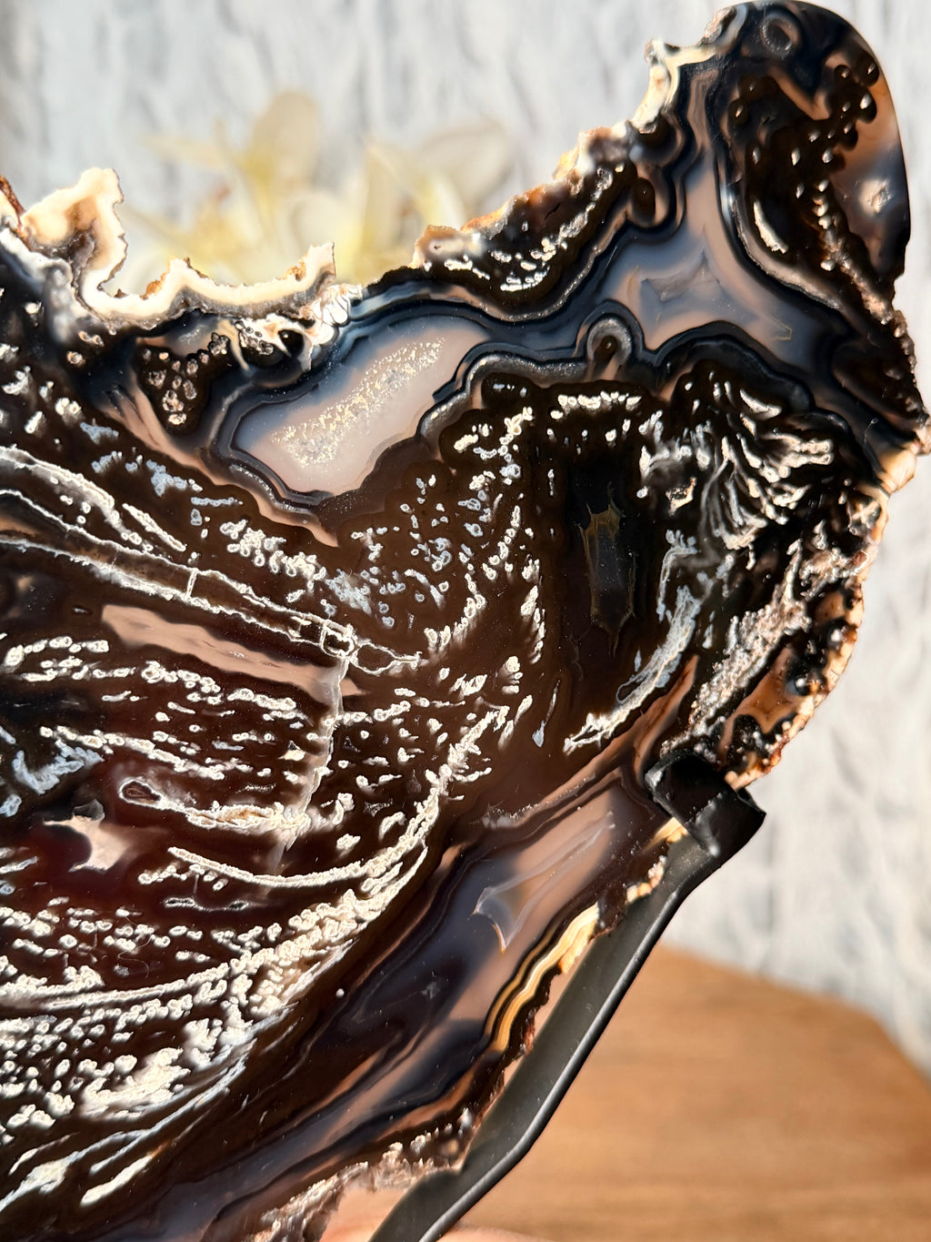 Large Black and Blue Agate slice on stand