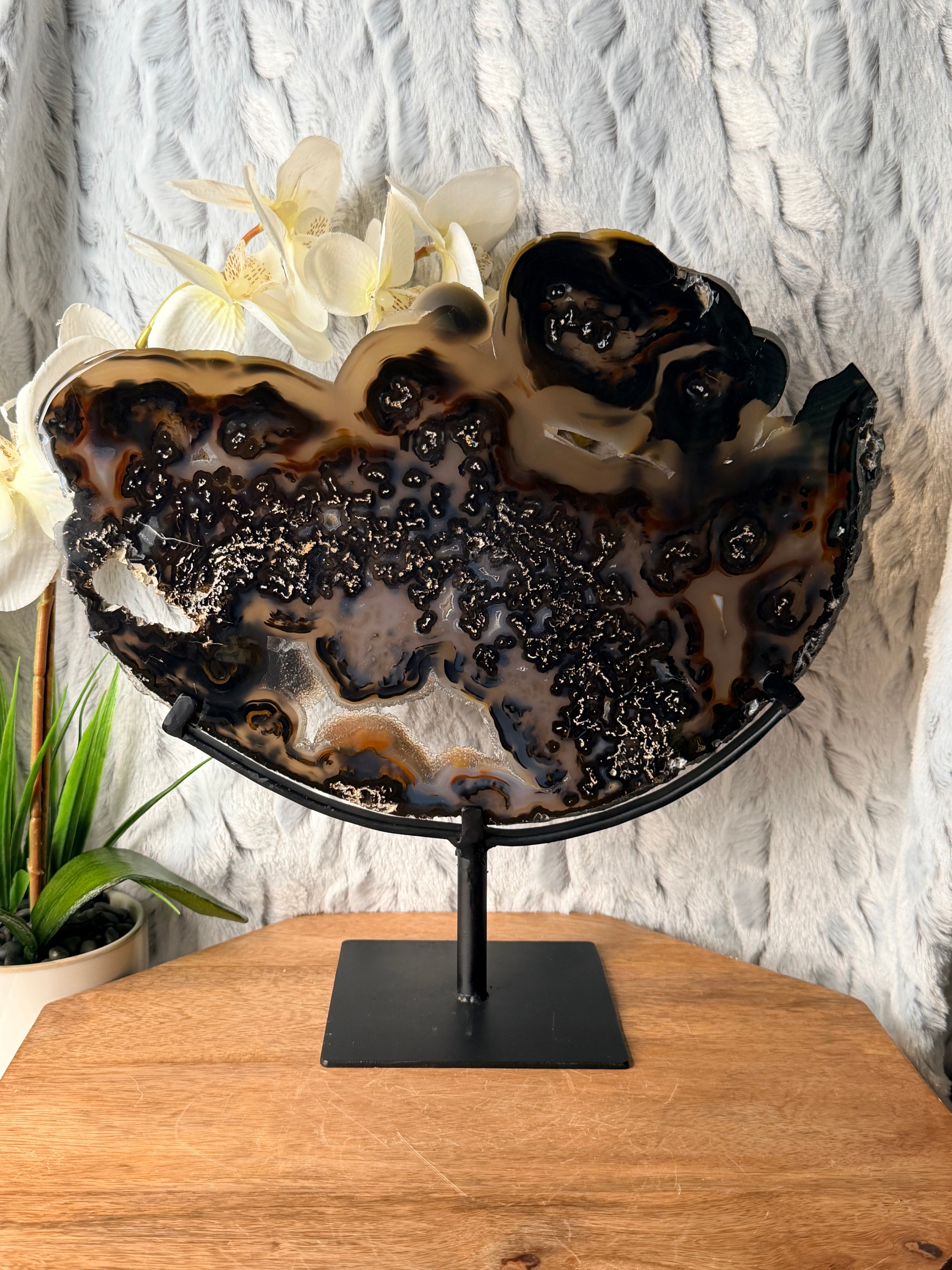 Large Black, Brown and Blue Agate Slice on stand