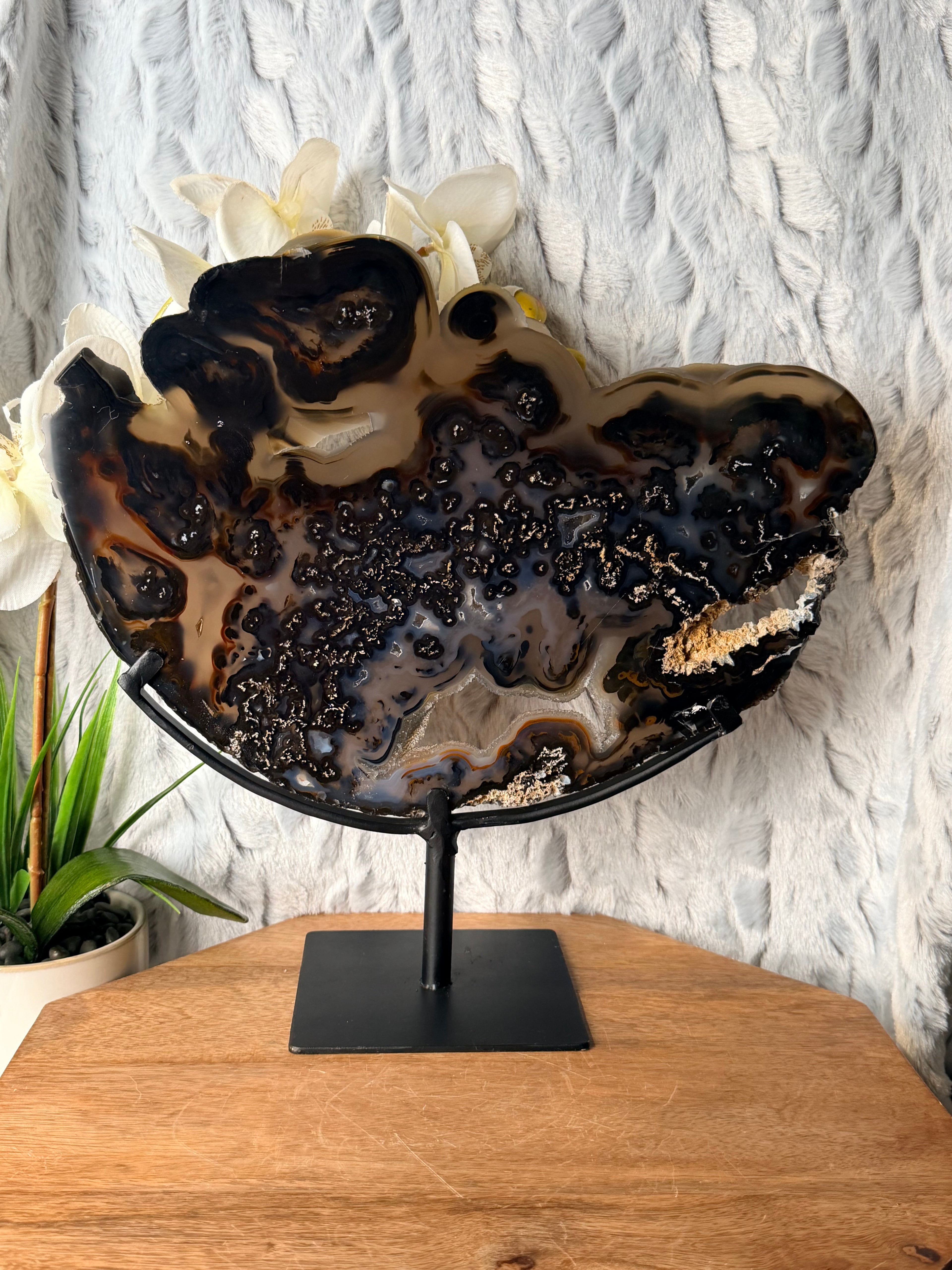 Large Black, Brown and Blue Agate Slice on stand