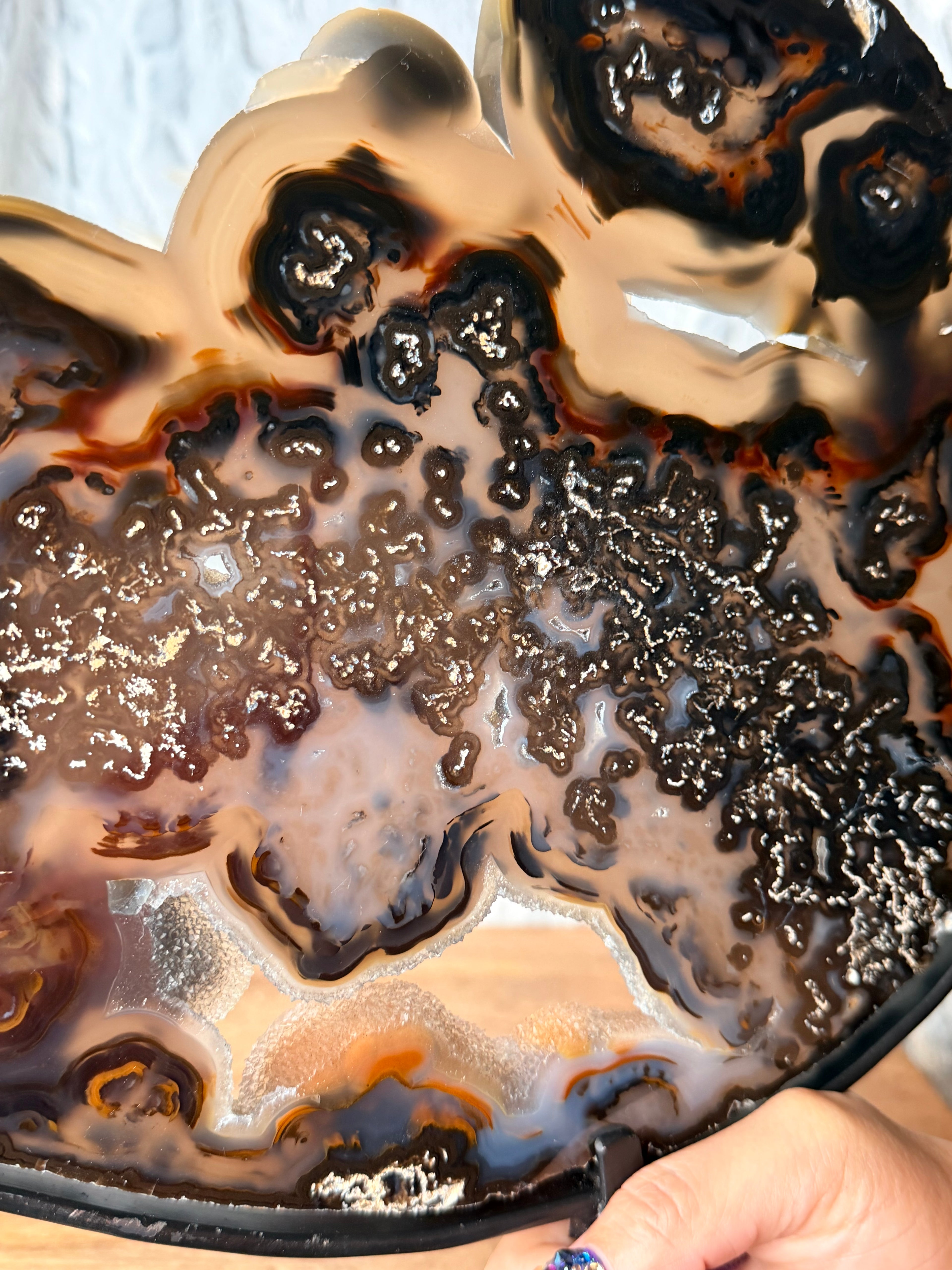 Large Black, Brown and Blue Agate Slice on stand