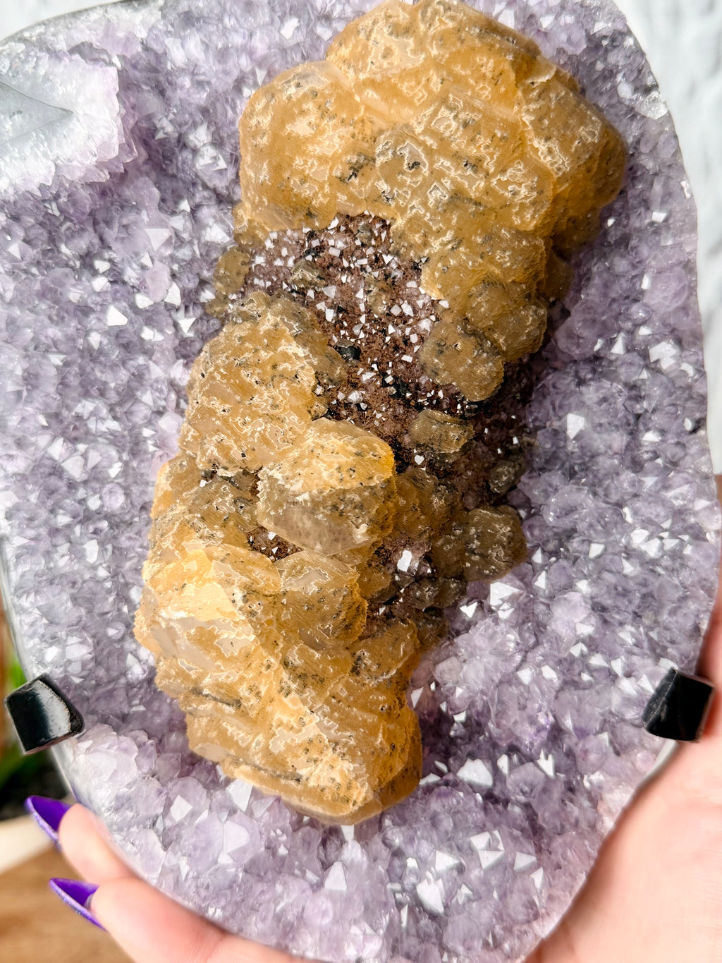 Large Uruguayan Amethyst with Large UV Reactive Calcite with Goethite