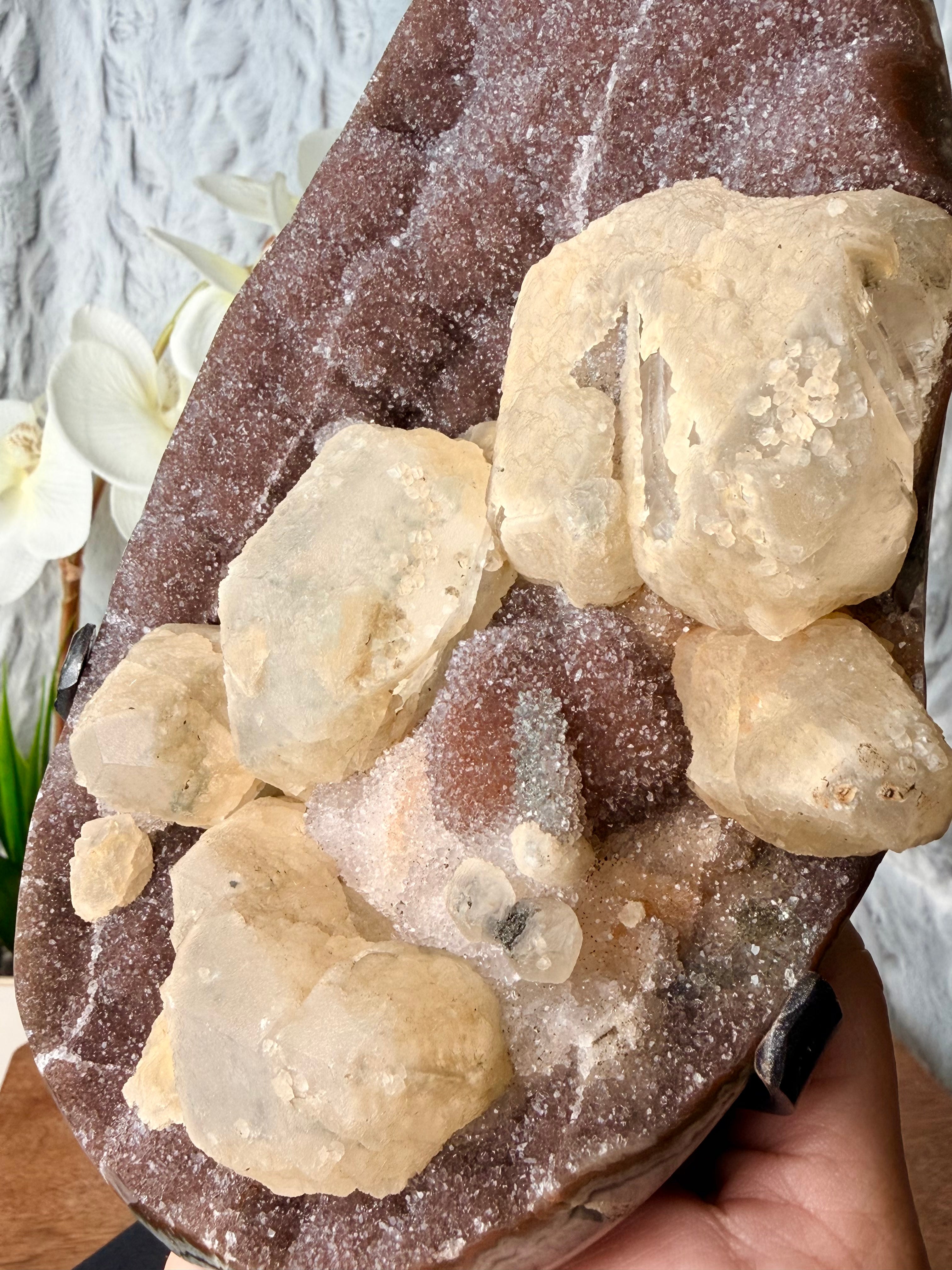 Large Uruguayan Reddish Rainbow Amethyst with UV Reactive Calcite